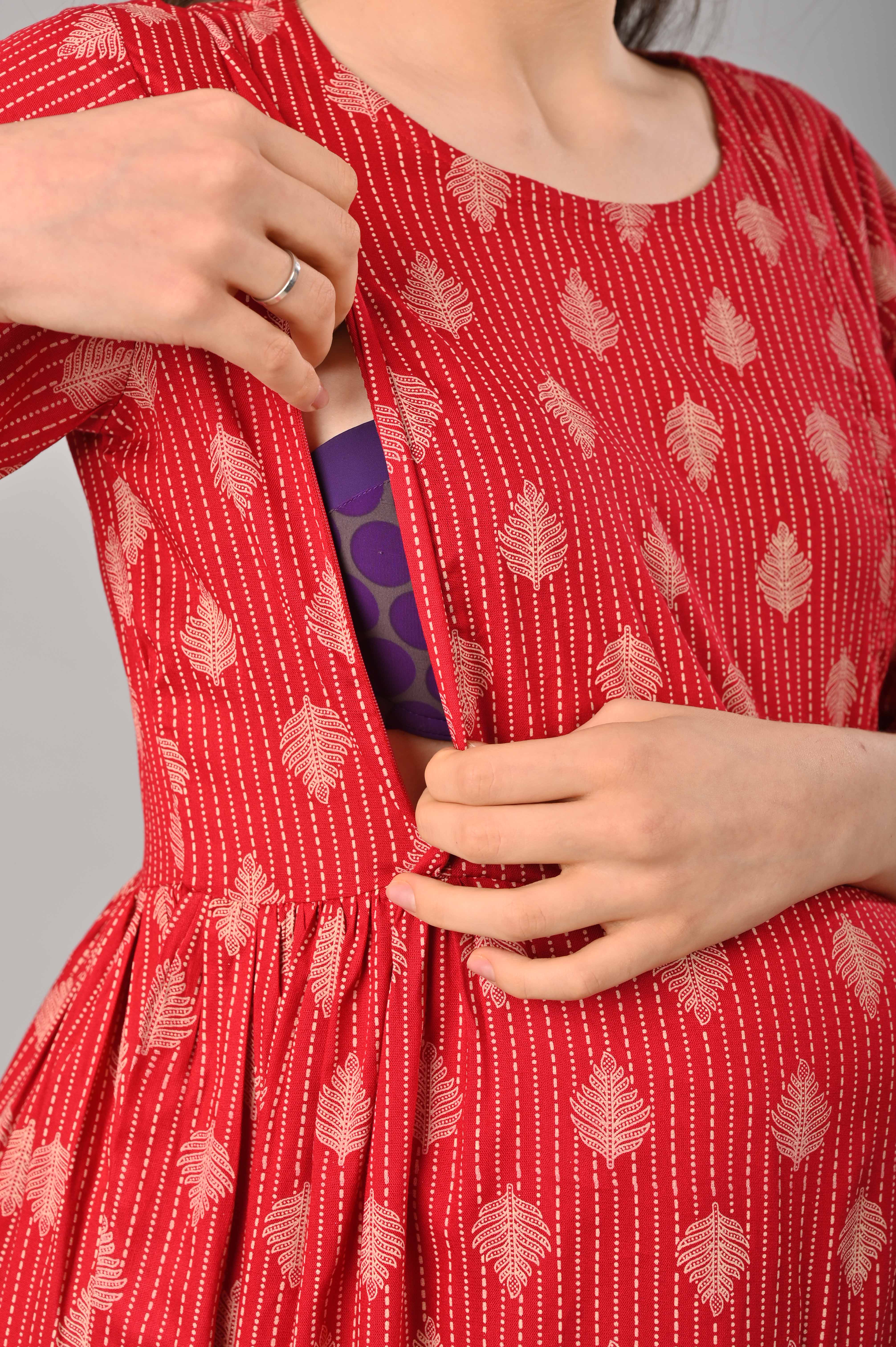 Red Cotton Printed Maternity/Feeding Gown