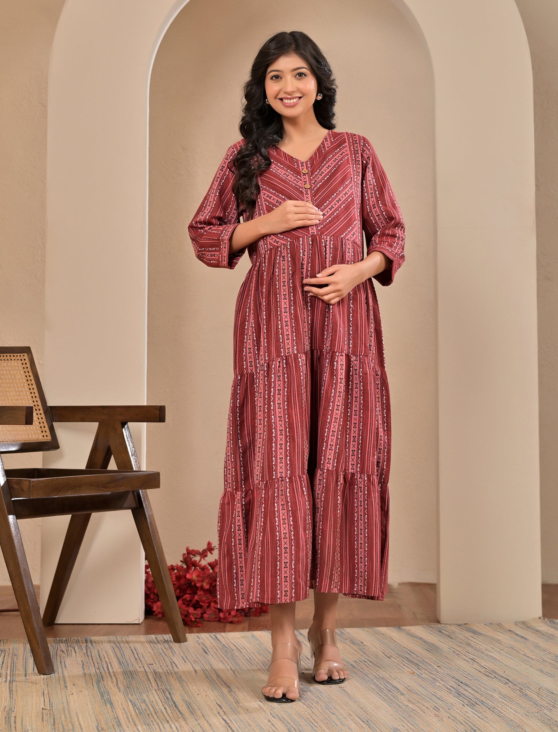 Maroon Cotton Printed Maternity/Feeding Gown