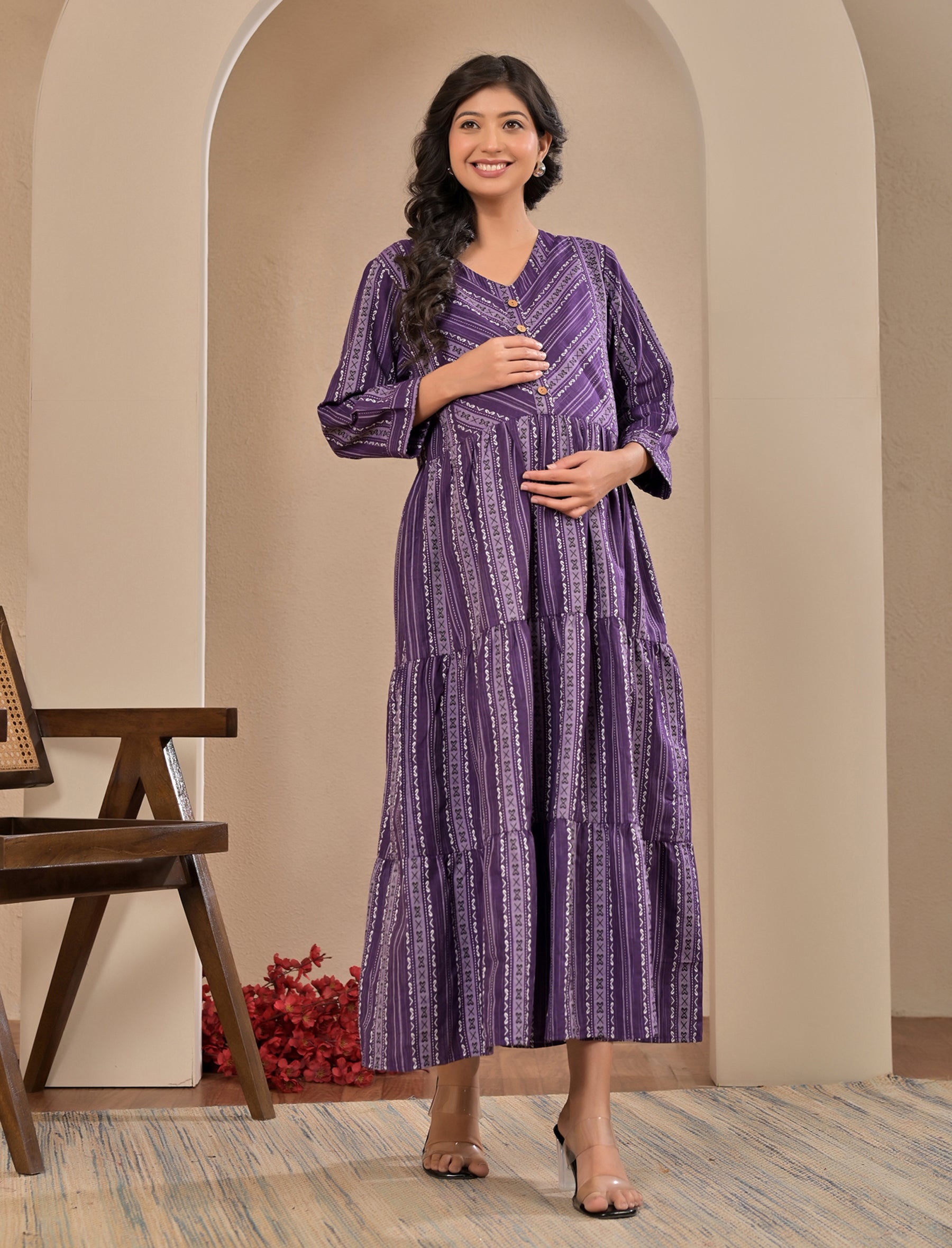 Purple Cotton Printed Maternity/Feeding Gown