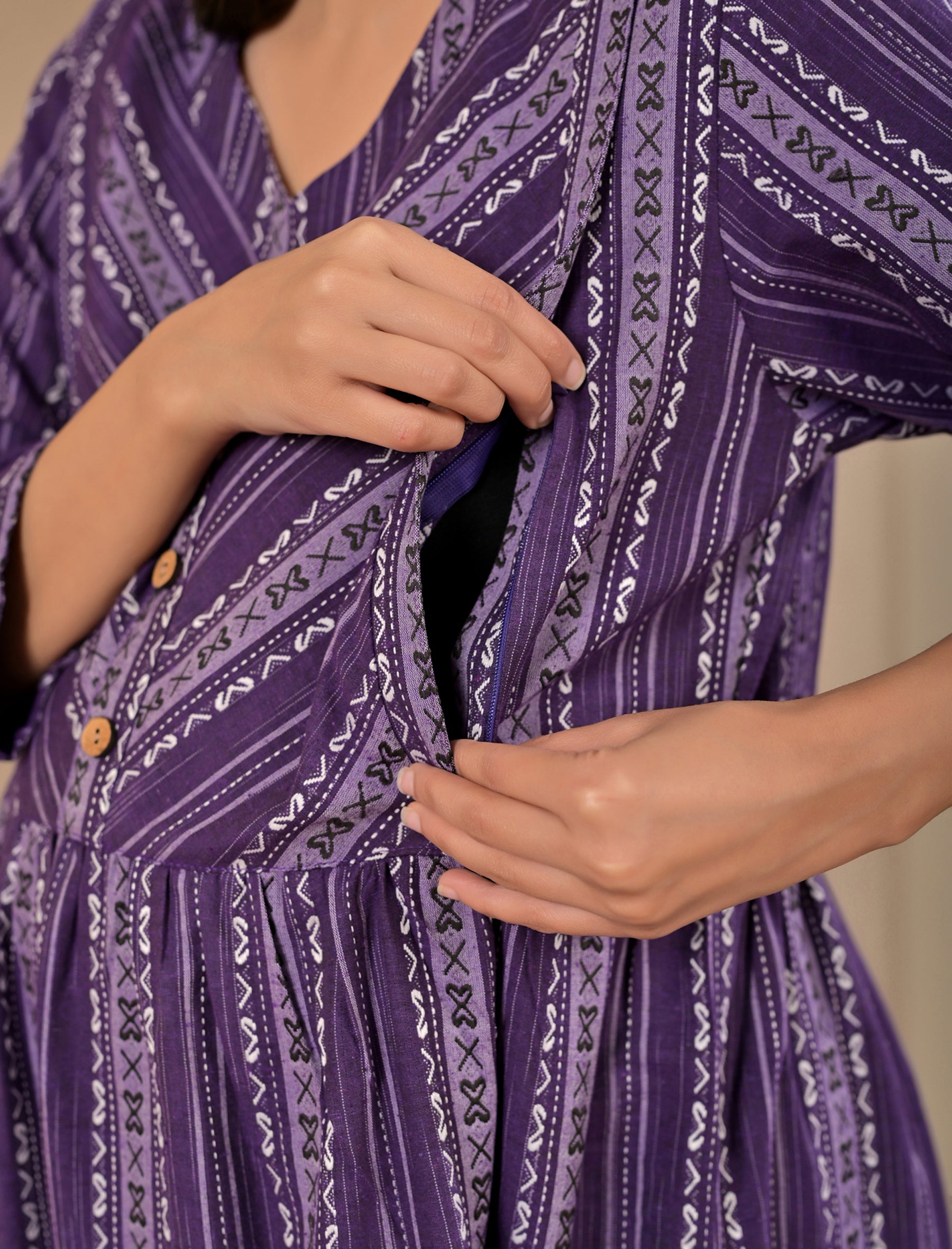 Purple Cotton Printed Maternity/Feeding Gown