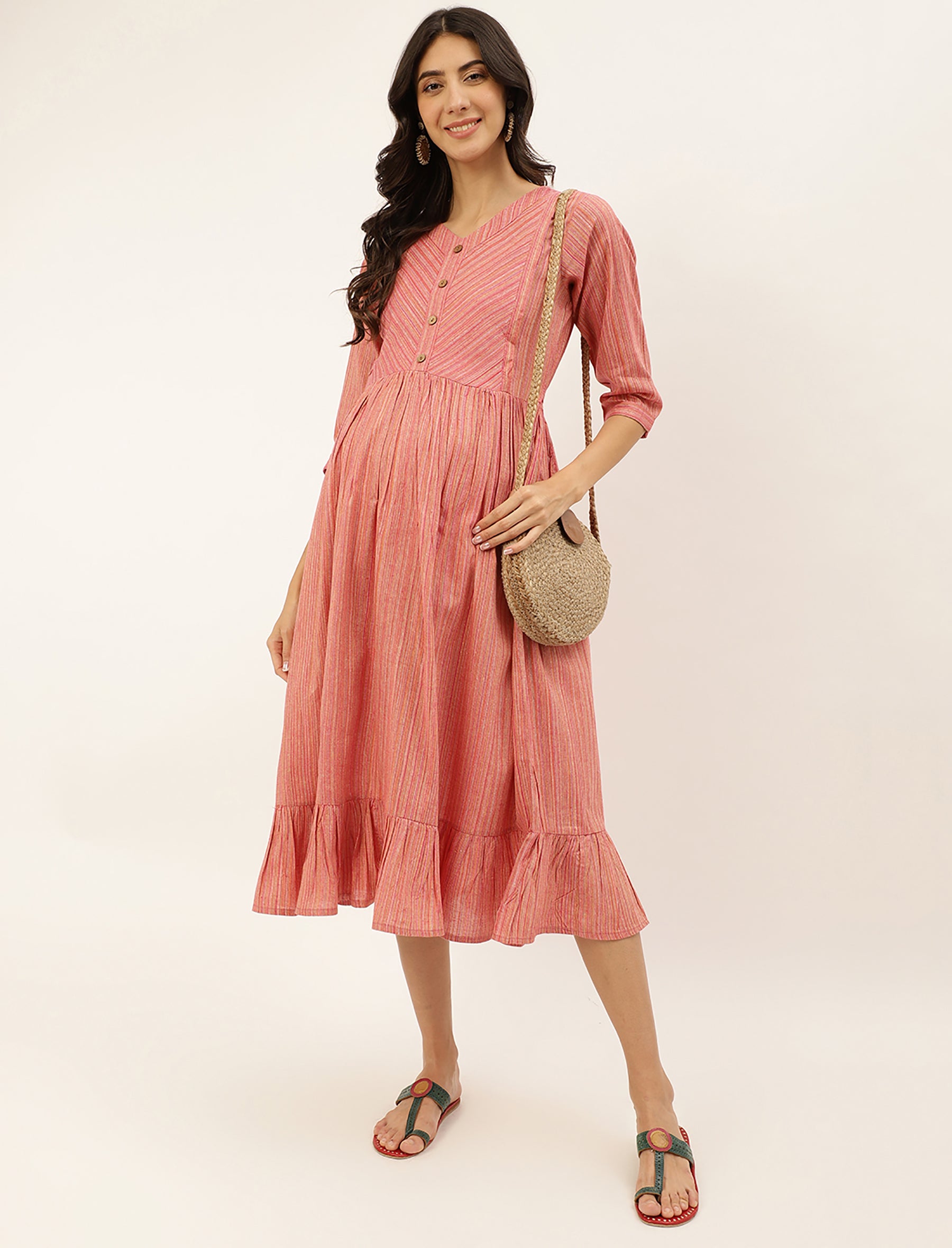 cotton maternity feeding dress pregnant women dress Women White Striped Cotton Long Maternity Feeding Dress