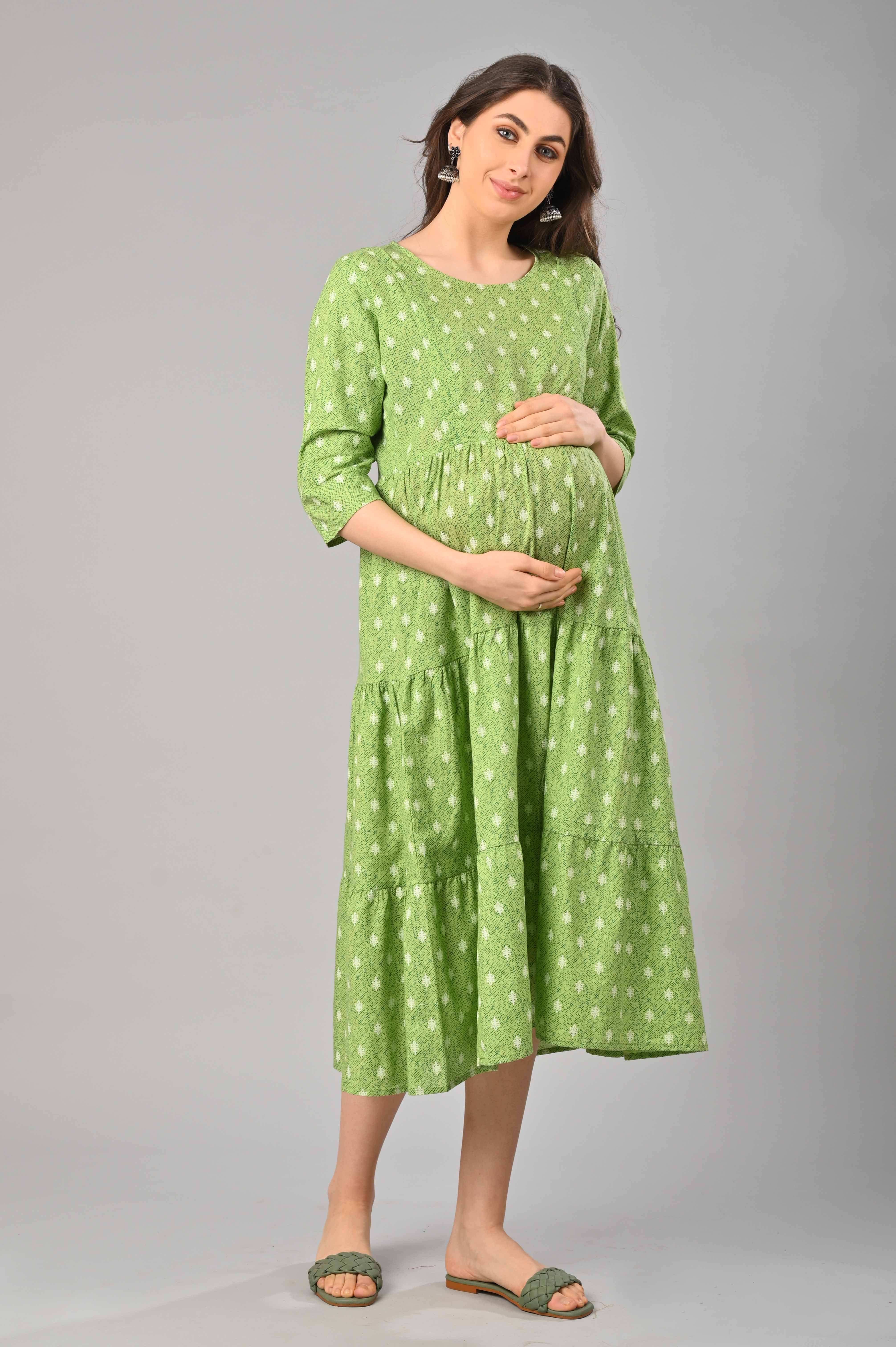 Green Cotton Printed Maternity/Feeding Gown