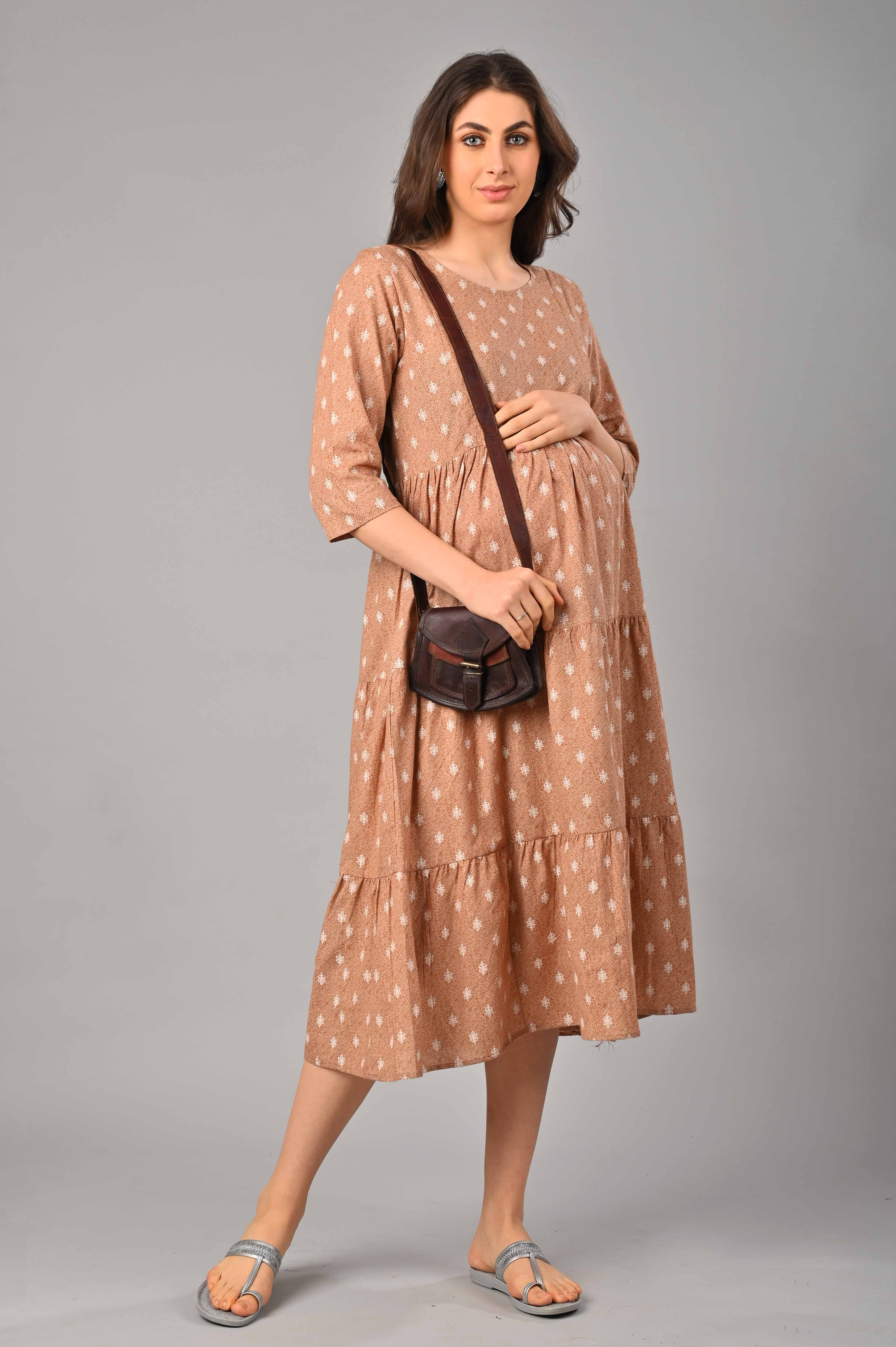 Peach Cotton Printed Maternity/Feeding Gown