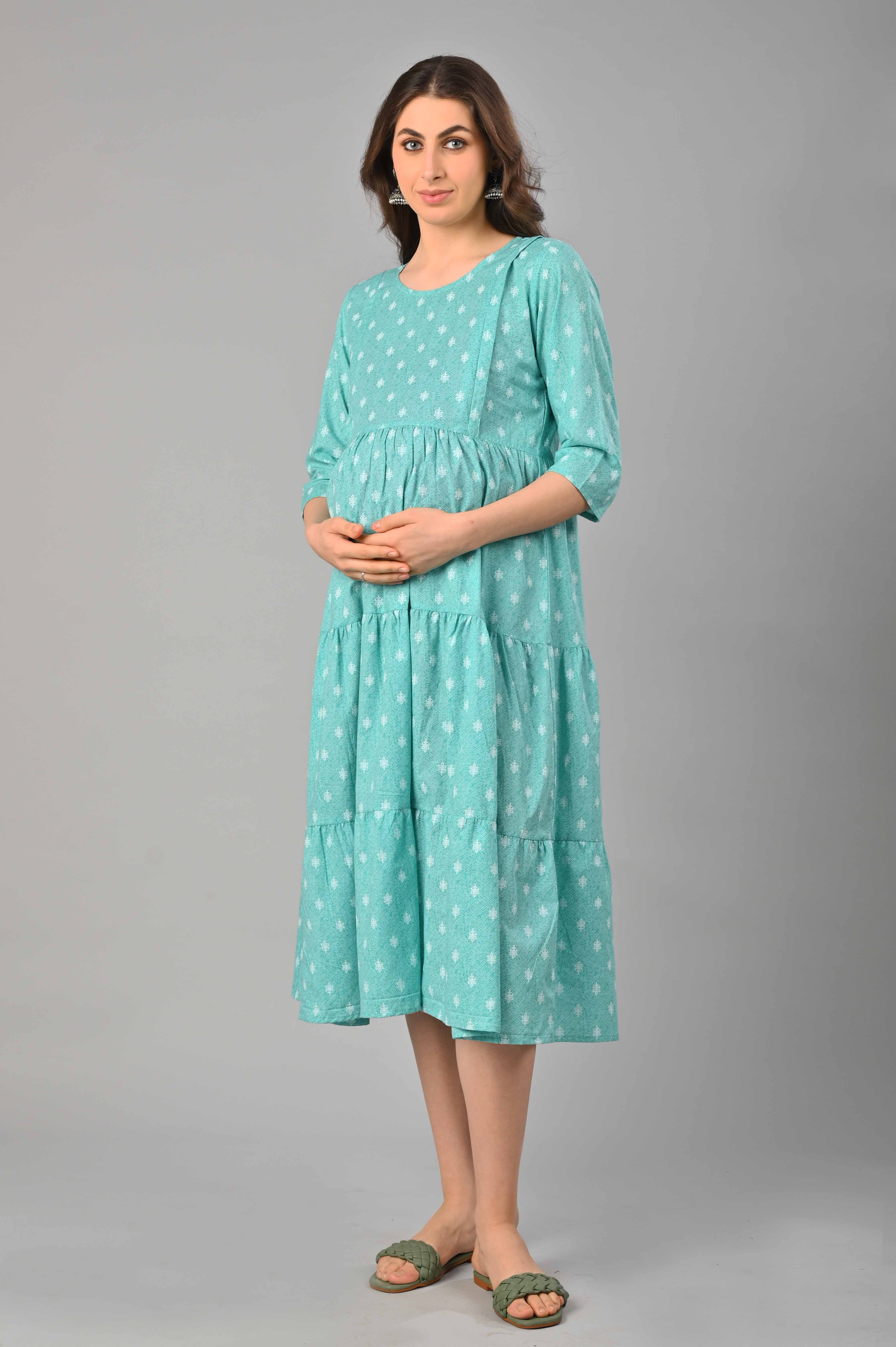 Turquoise Cotton Printed Maternity/Feeding Gown