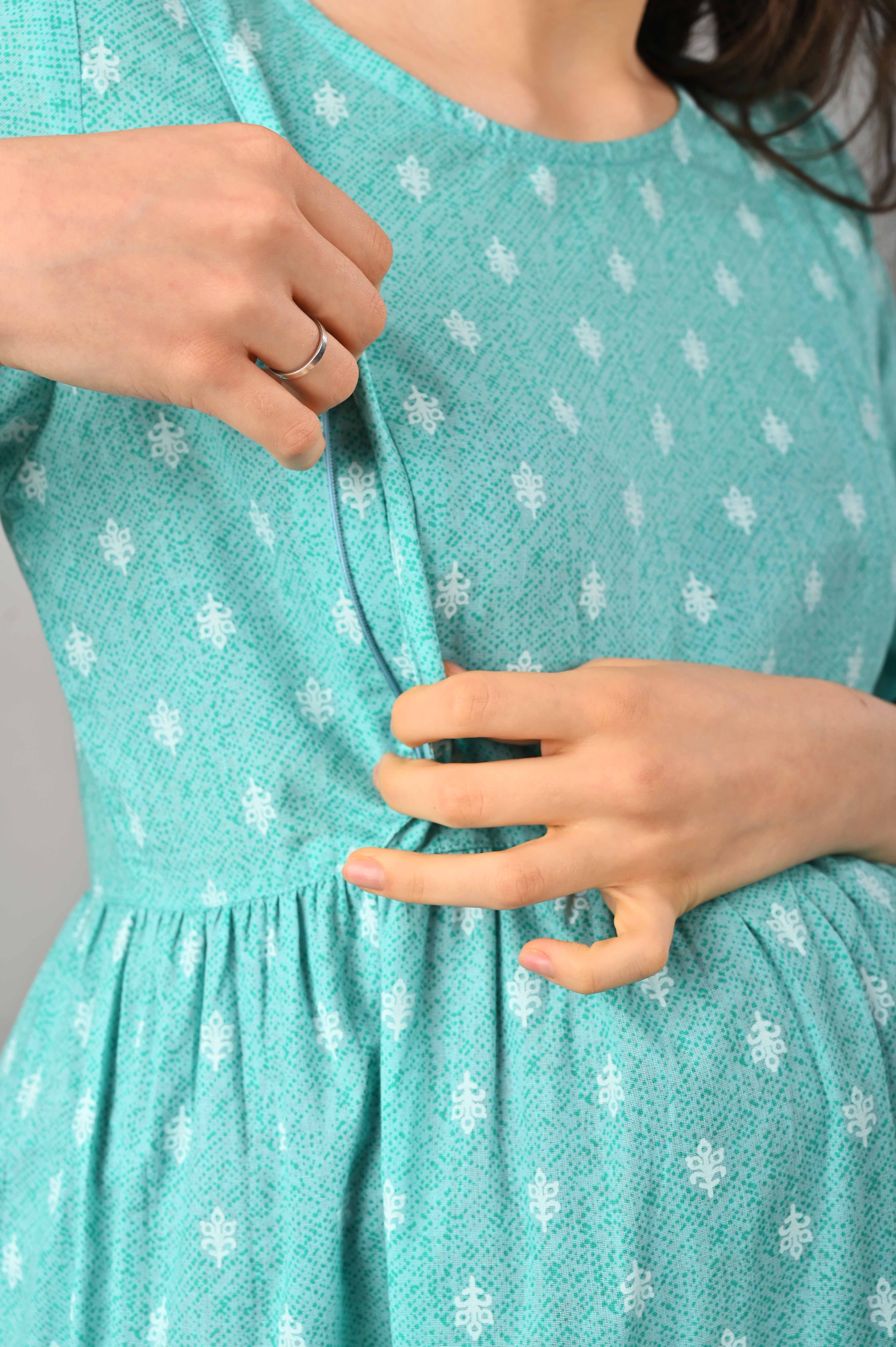 Turquoise Cotton Printed Maternity/Feeding Gown