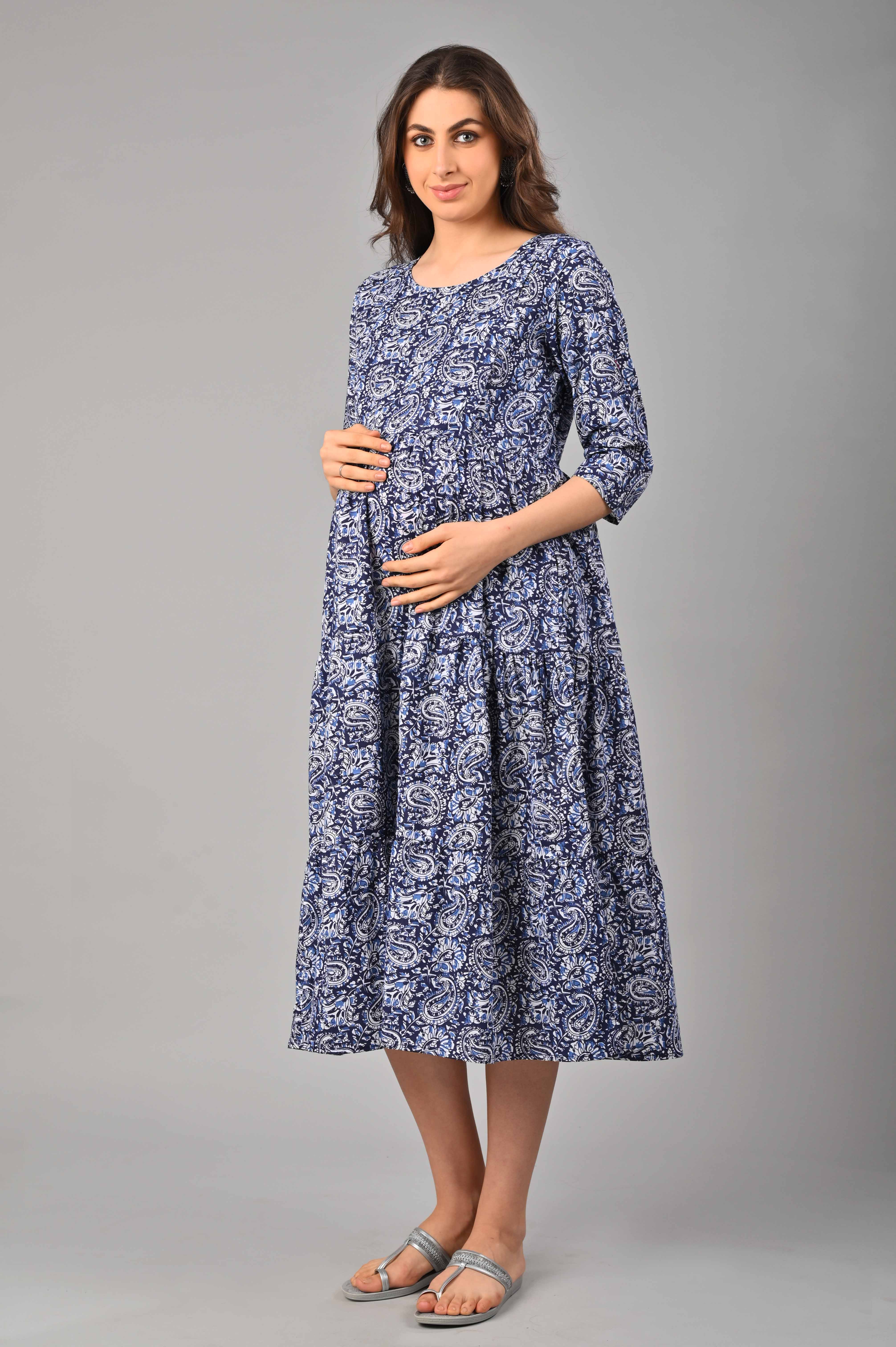 Navy Cotton Printed Maternity/Feeding Gown