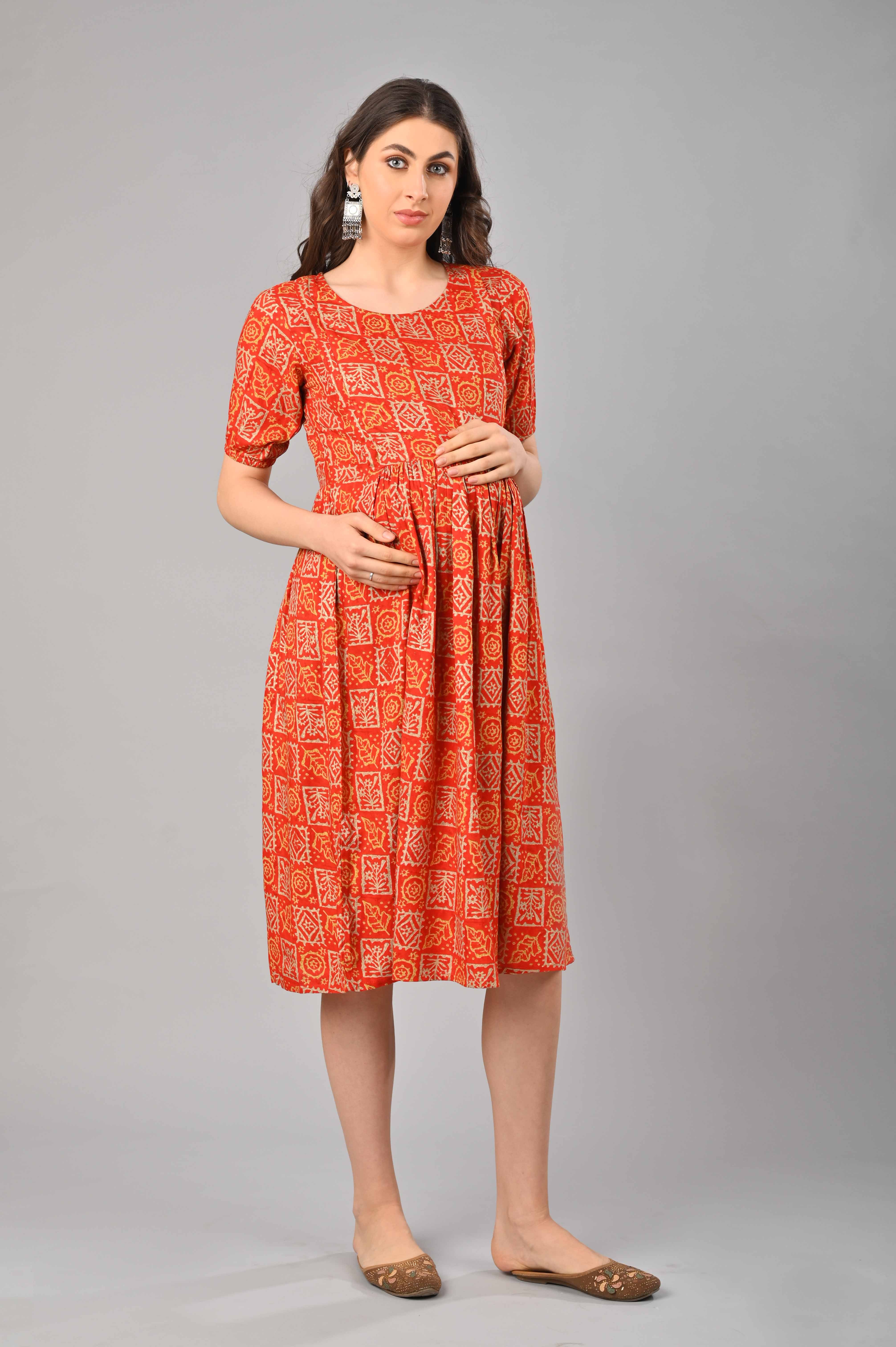 Red Cotton Printed Maternity/Feeding Gown