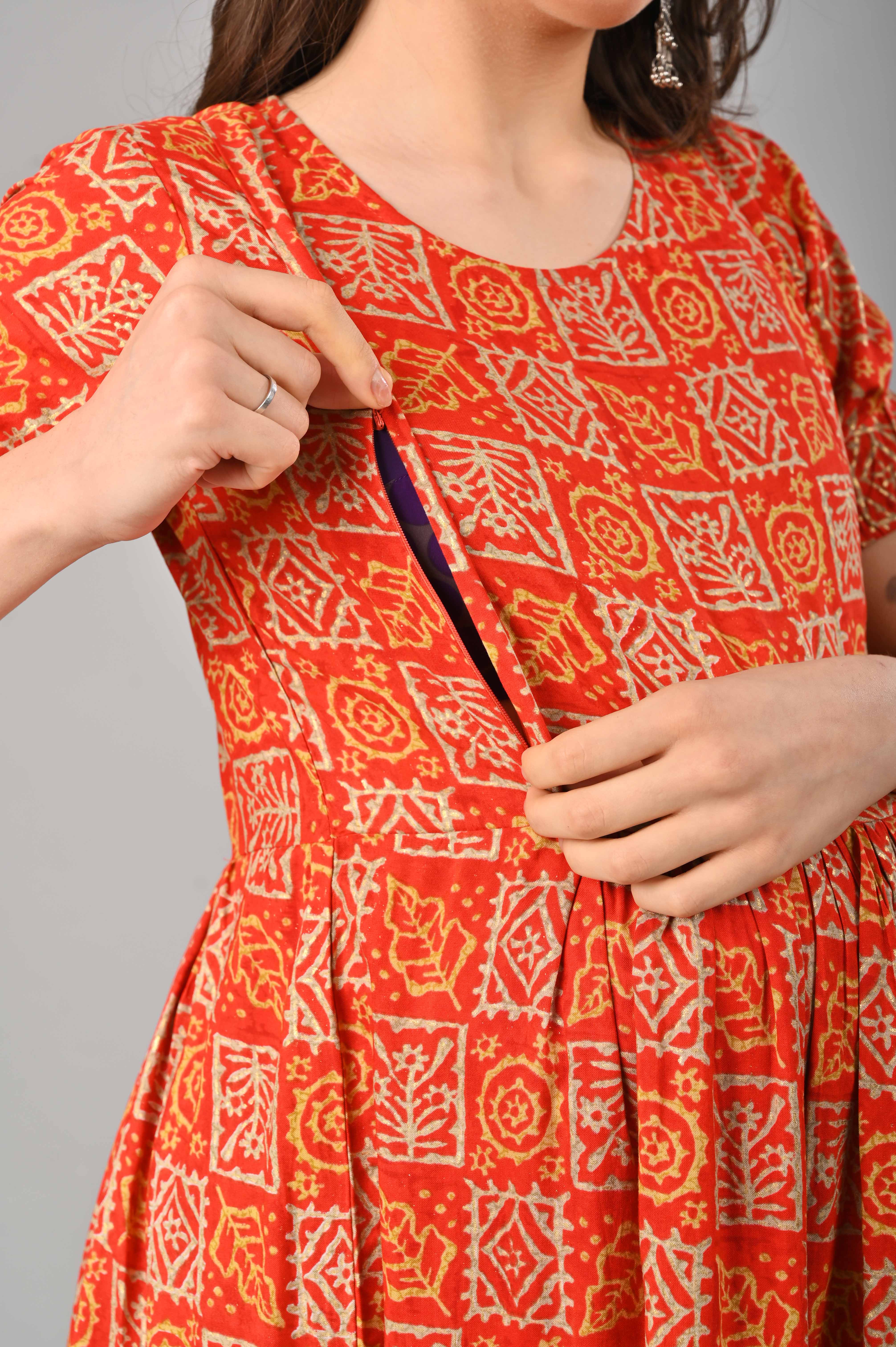Red Cotton Printed Maternity/Feeding Gown