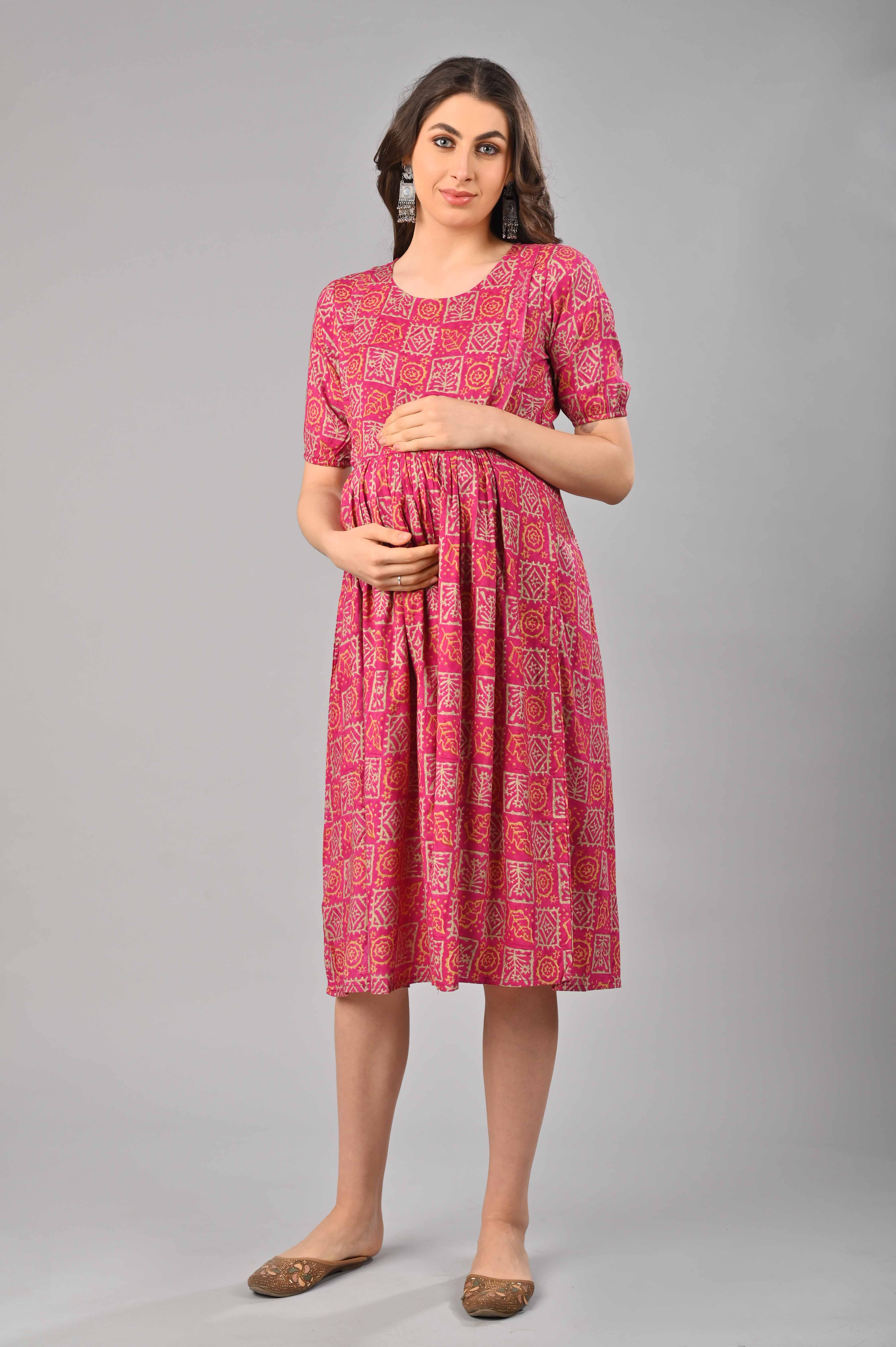 Pink Cotton Printed Maternity/Feeding Gown