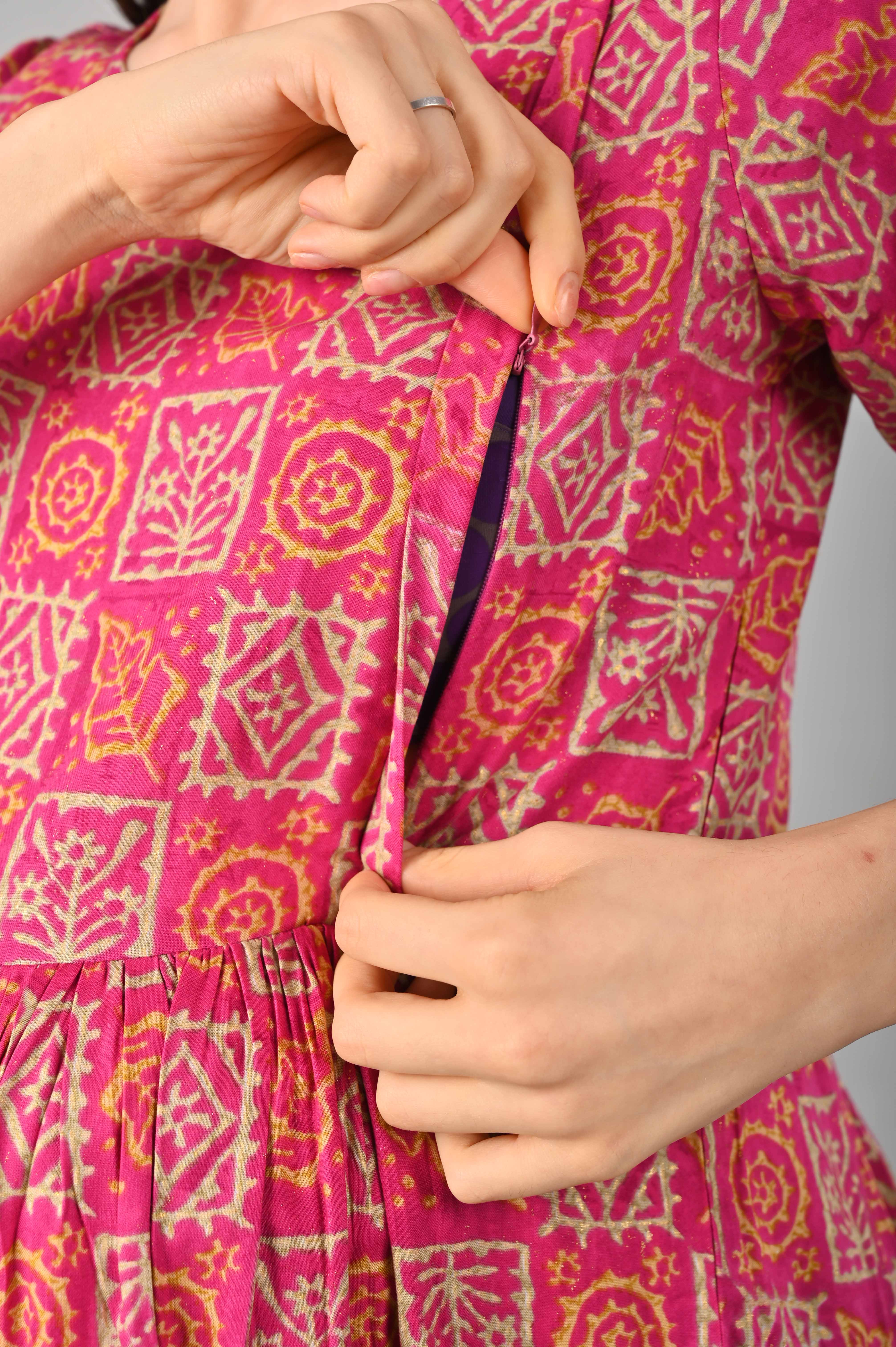 Pink Cotton Printed Maternity/Feeding Gown