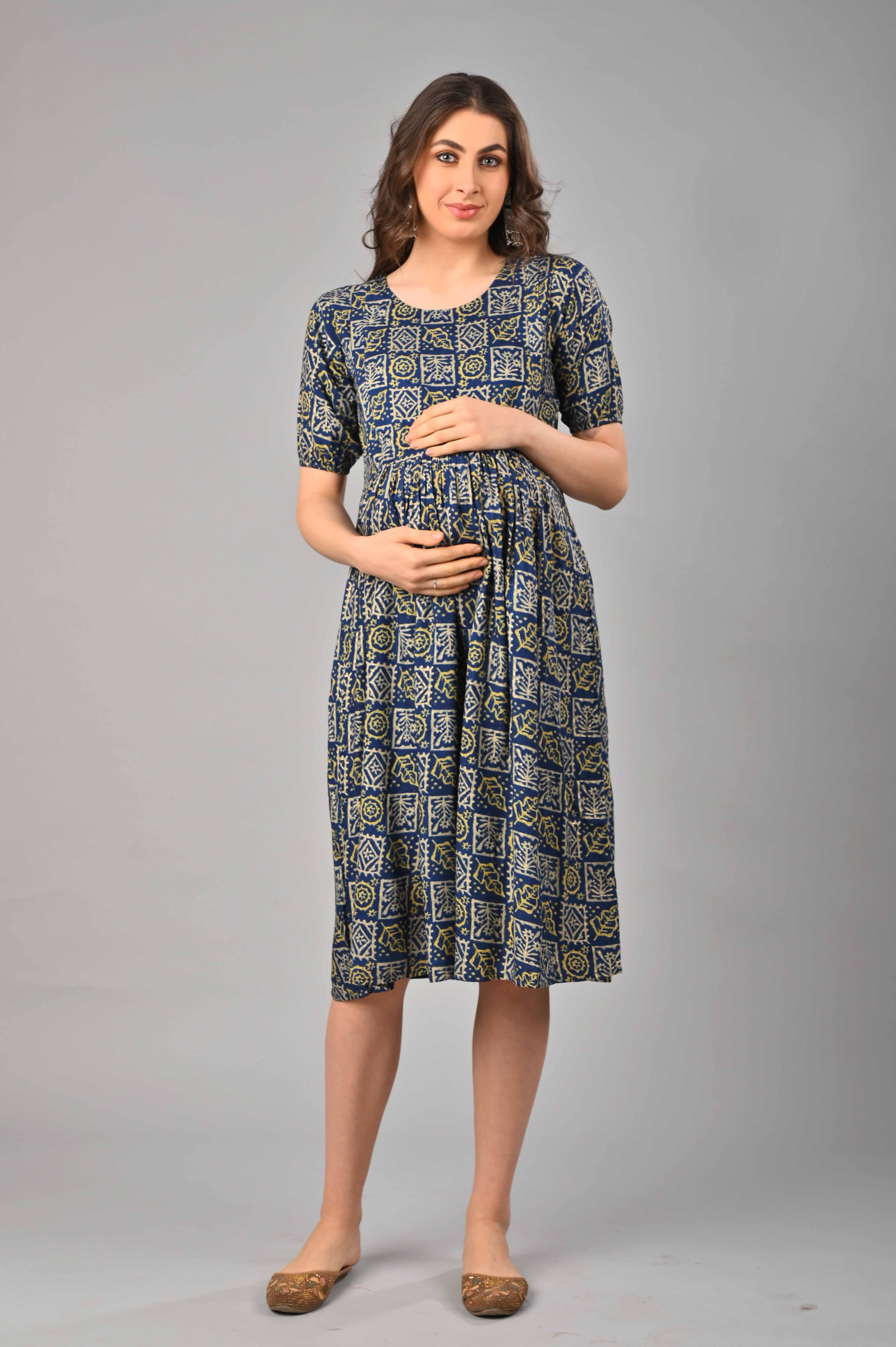 Navy Cotton Printed Maternity/Feeding Gown