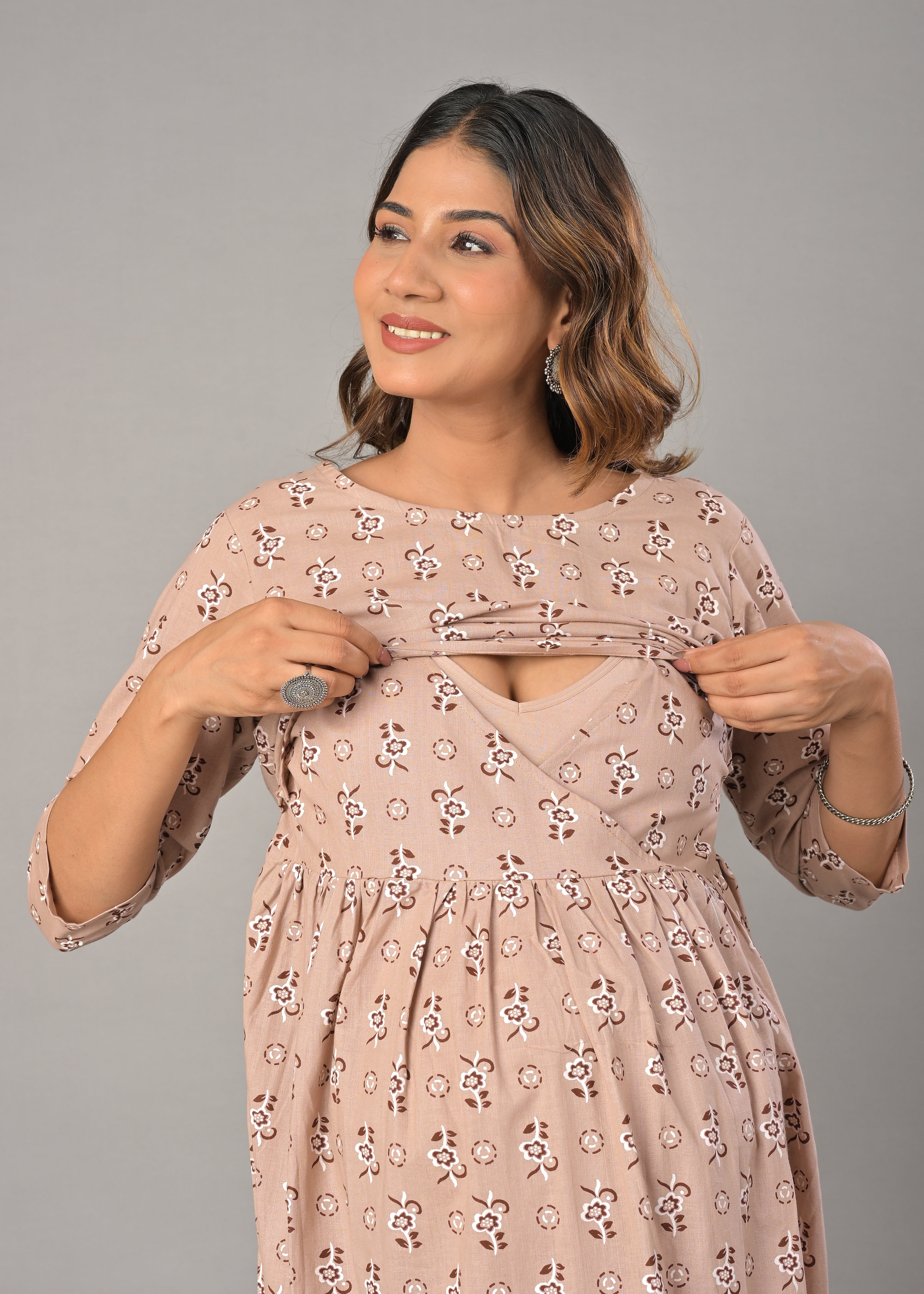 Beige Cotton Printed Maternity/Feeding Gown