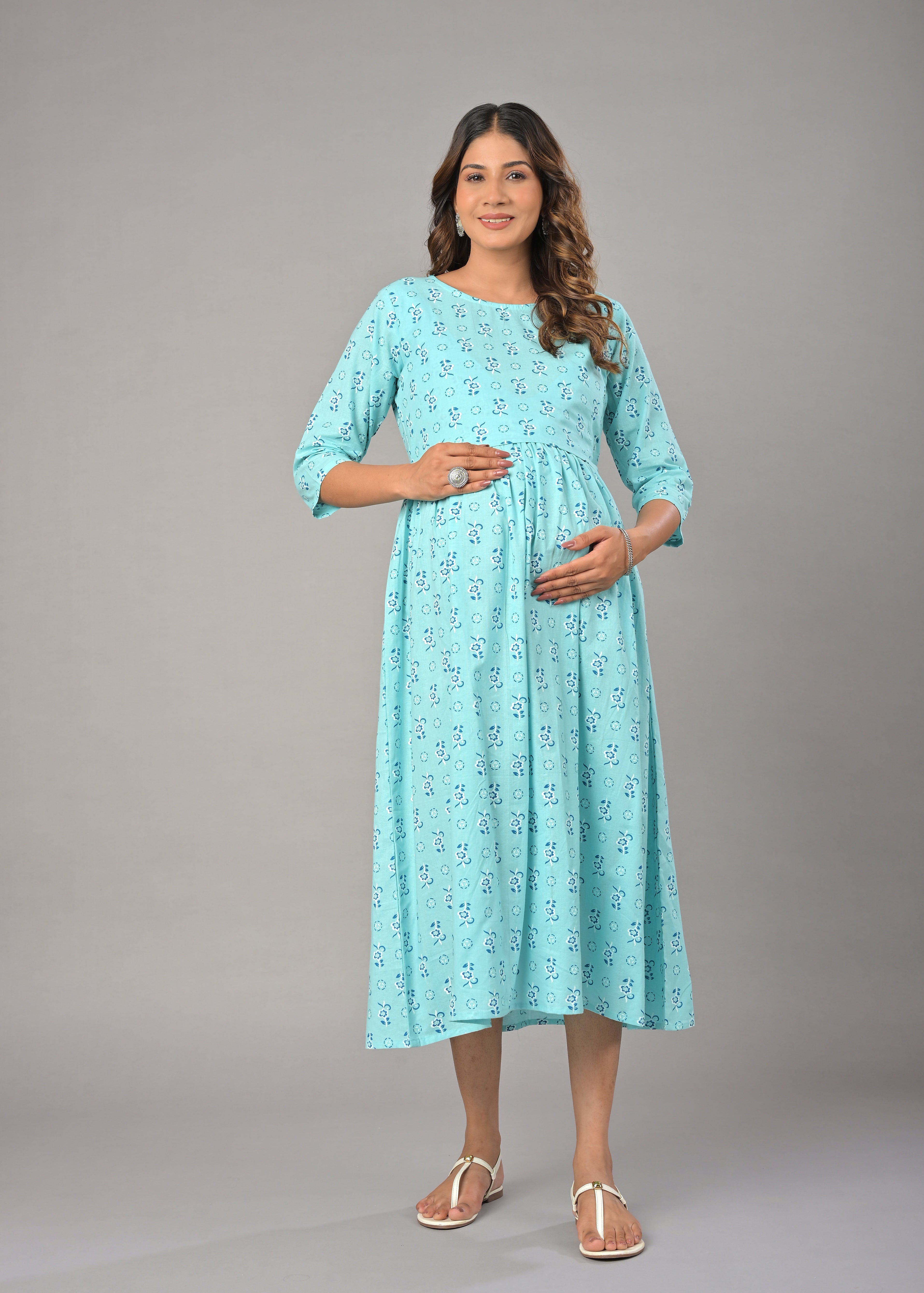 Turquoise Cotton Printed Maternity/Feeding Gown