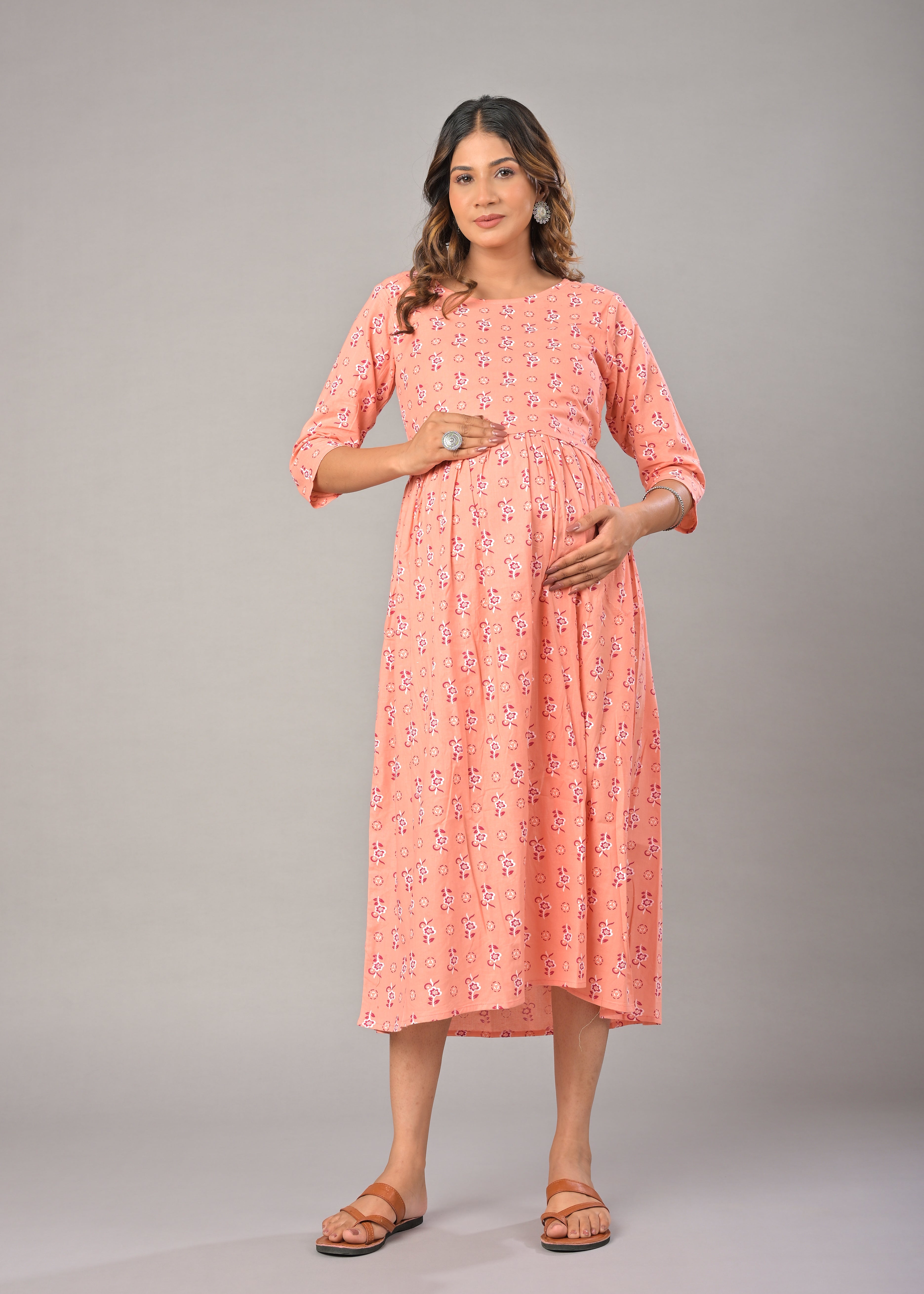 Peach Cotton Printed Maternity/Feeding Gown