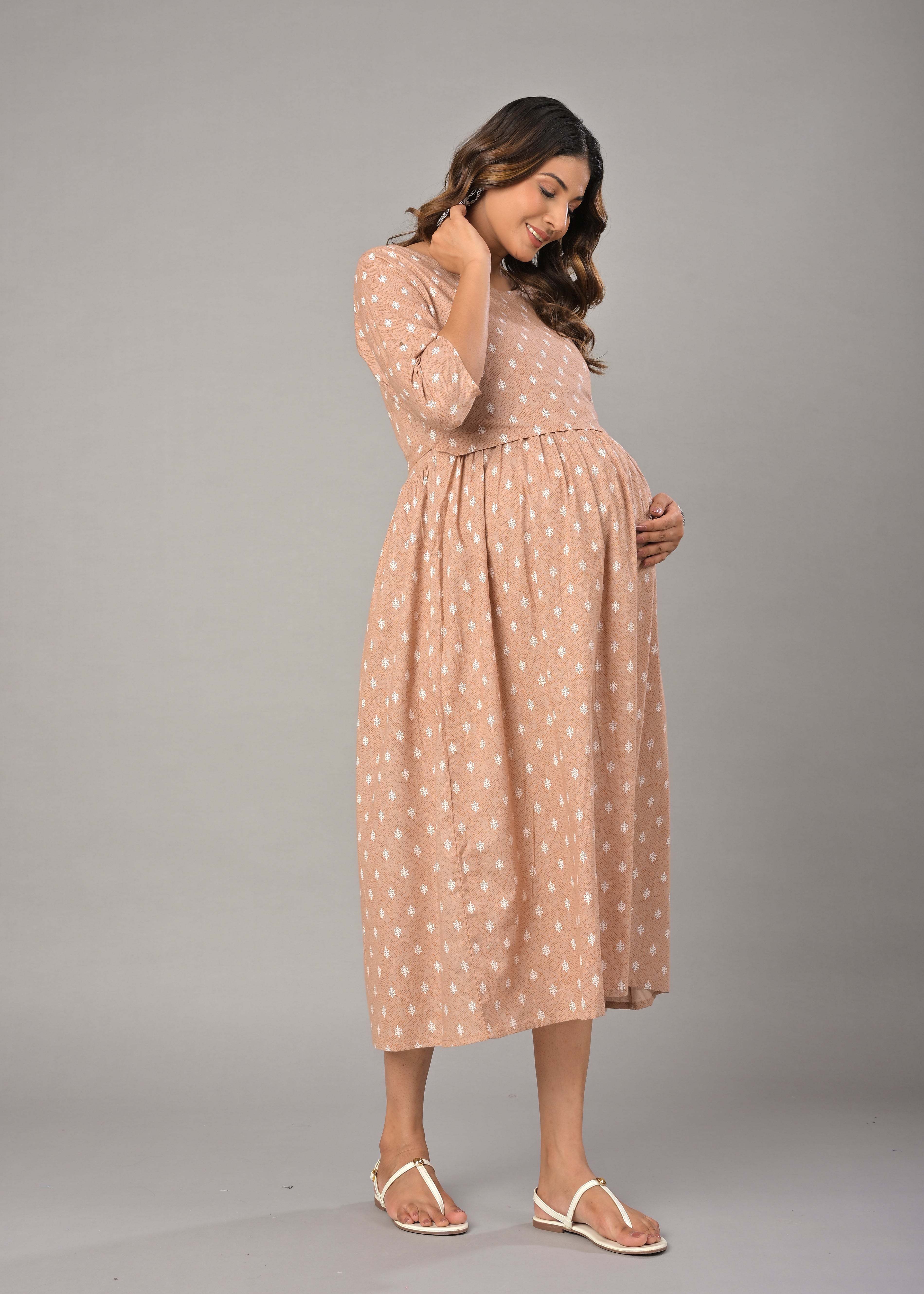 Beige Cotton Printed Maternity/Feeding Gown