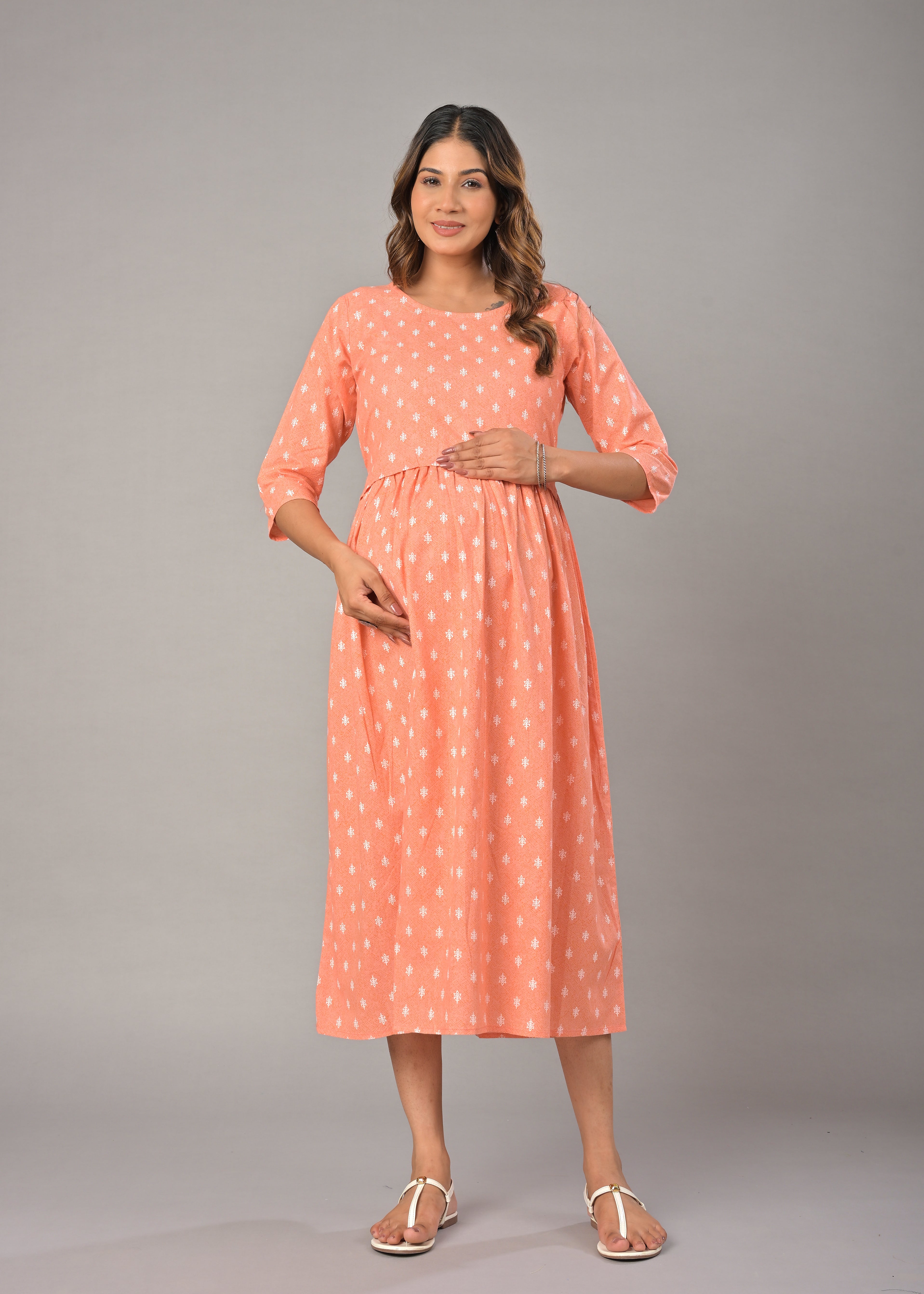Peach Cotton Printed Maternity/Feeding Gown