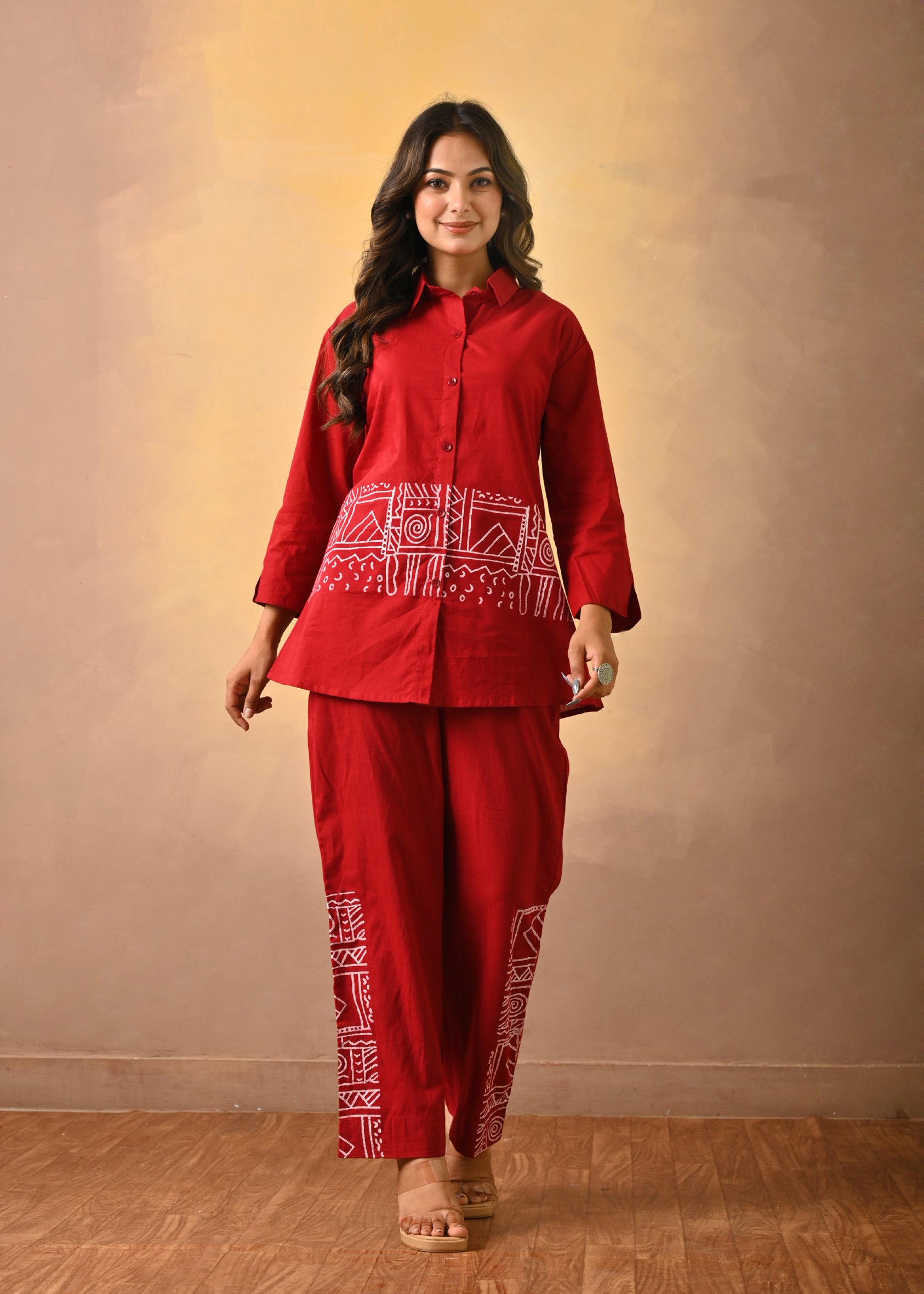 Red Cotton Co-Ord Set With Embroidery