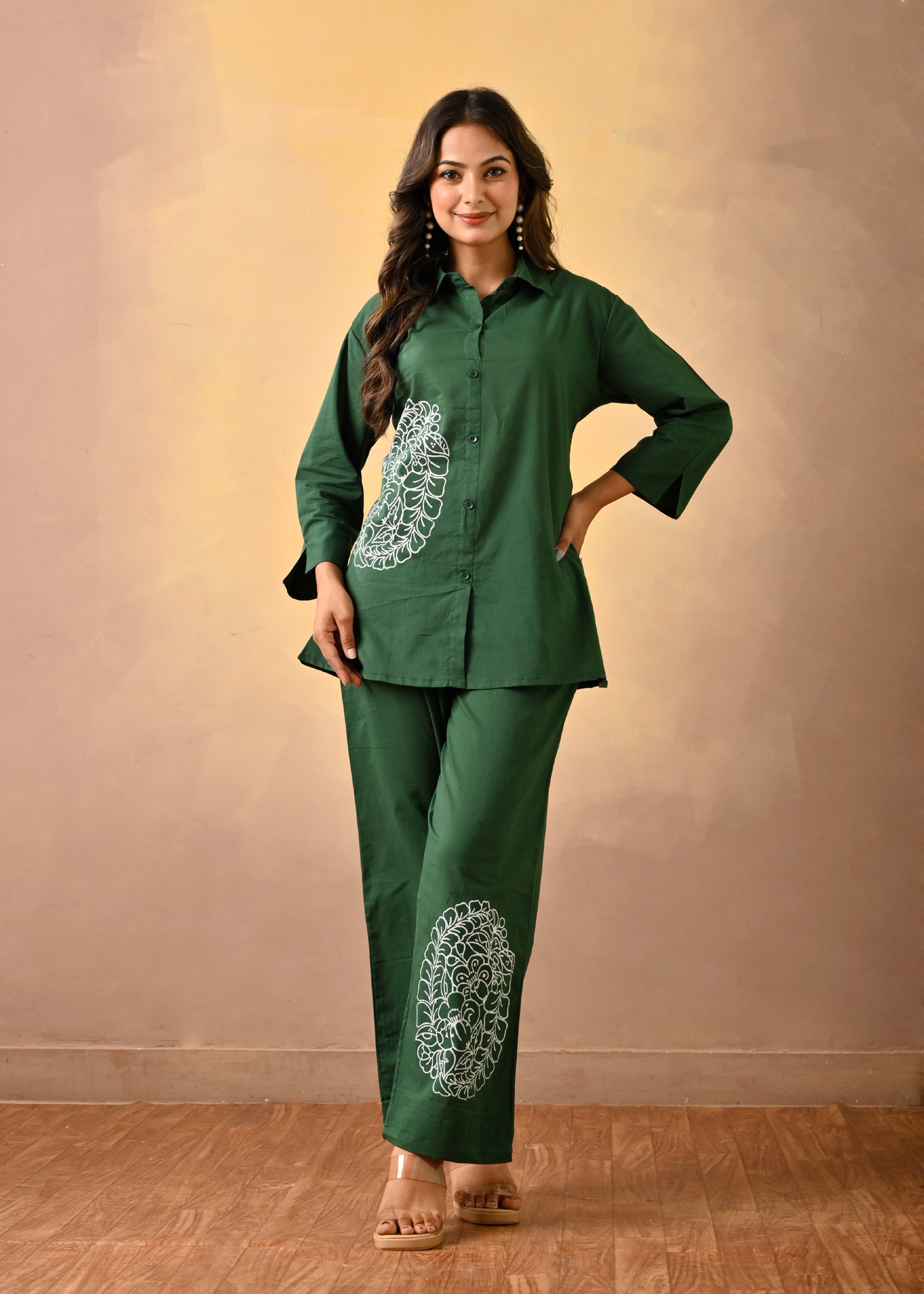 Green Cotton Co-Ord Set With Embroidery
