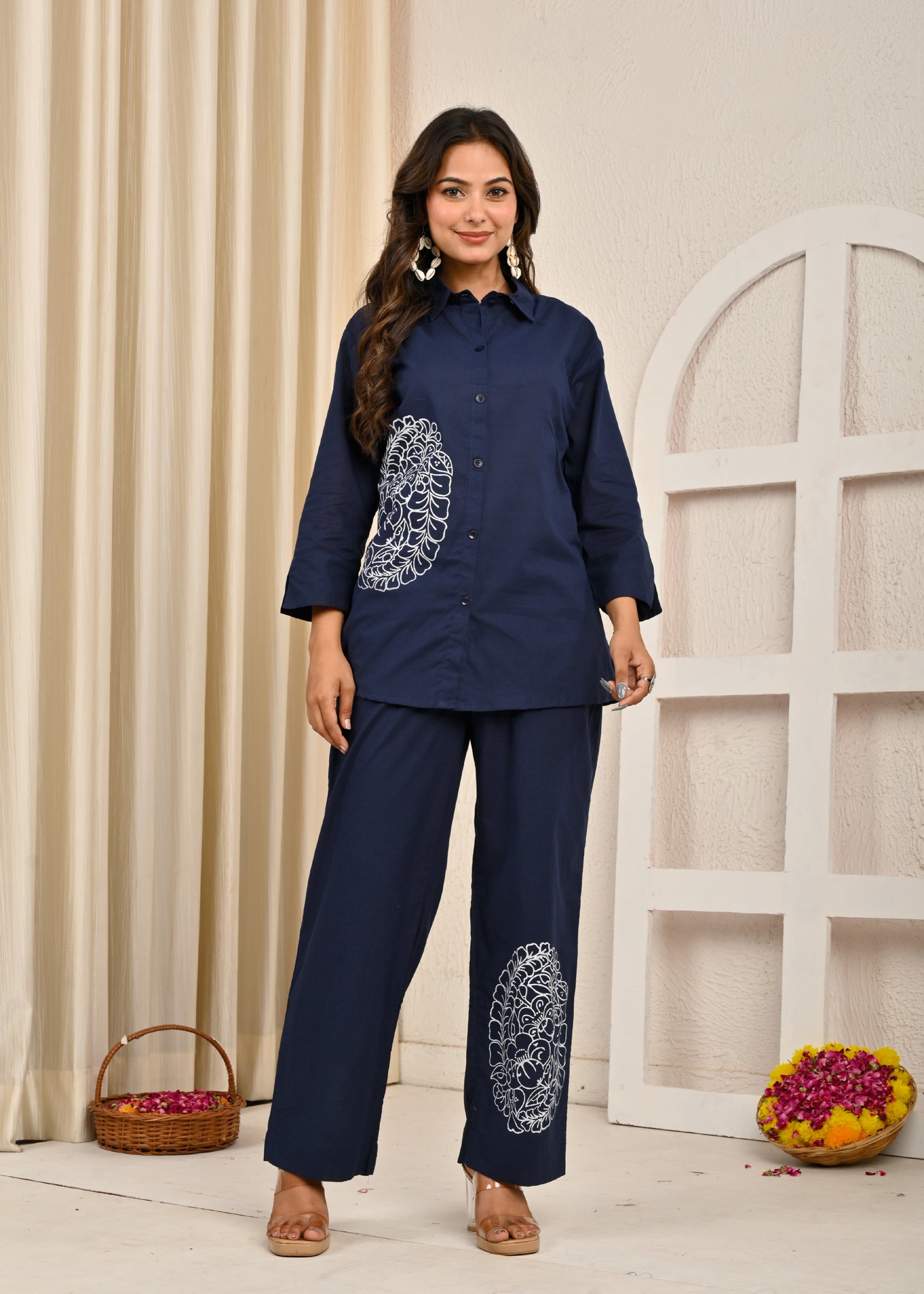 Navy Cotton Co-Ord Set With Embroidery