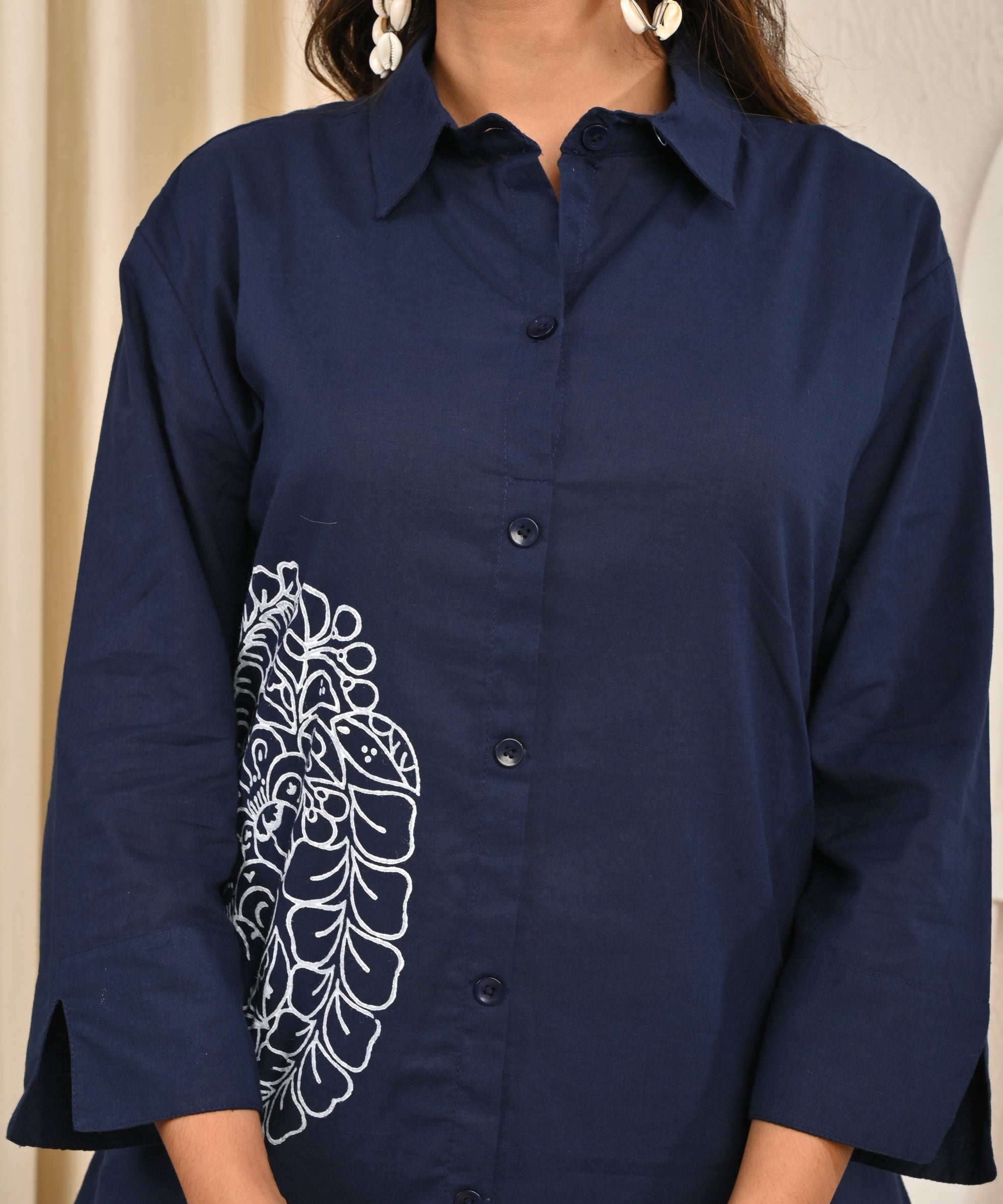 Navy Cotton Co-Ord Set With Embroidery
