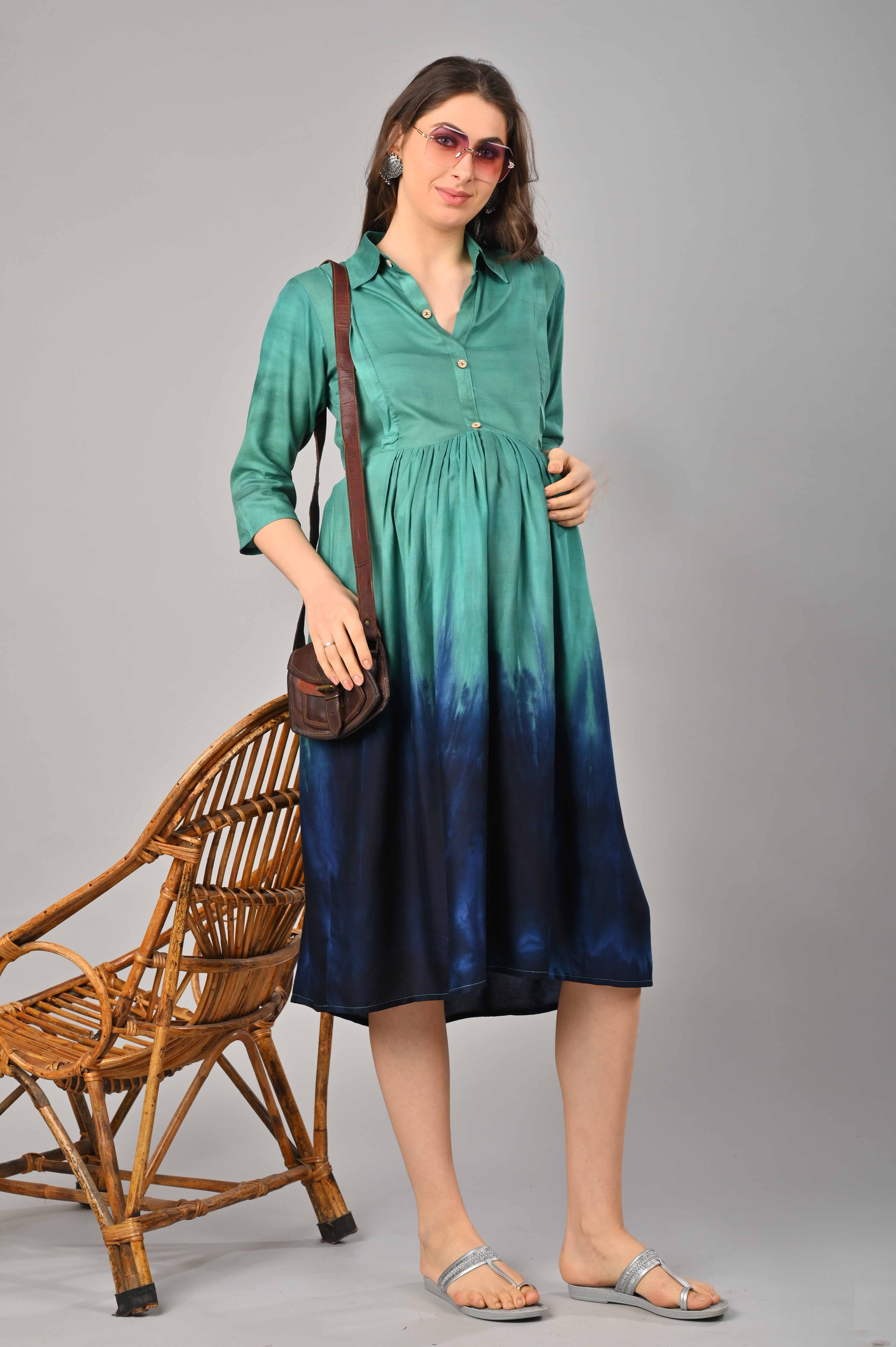 Turquoise Violet Cotton Printed Maternity/Feeding Gown