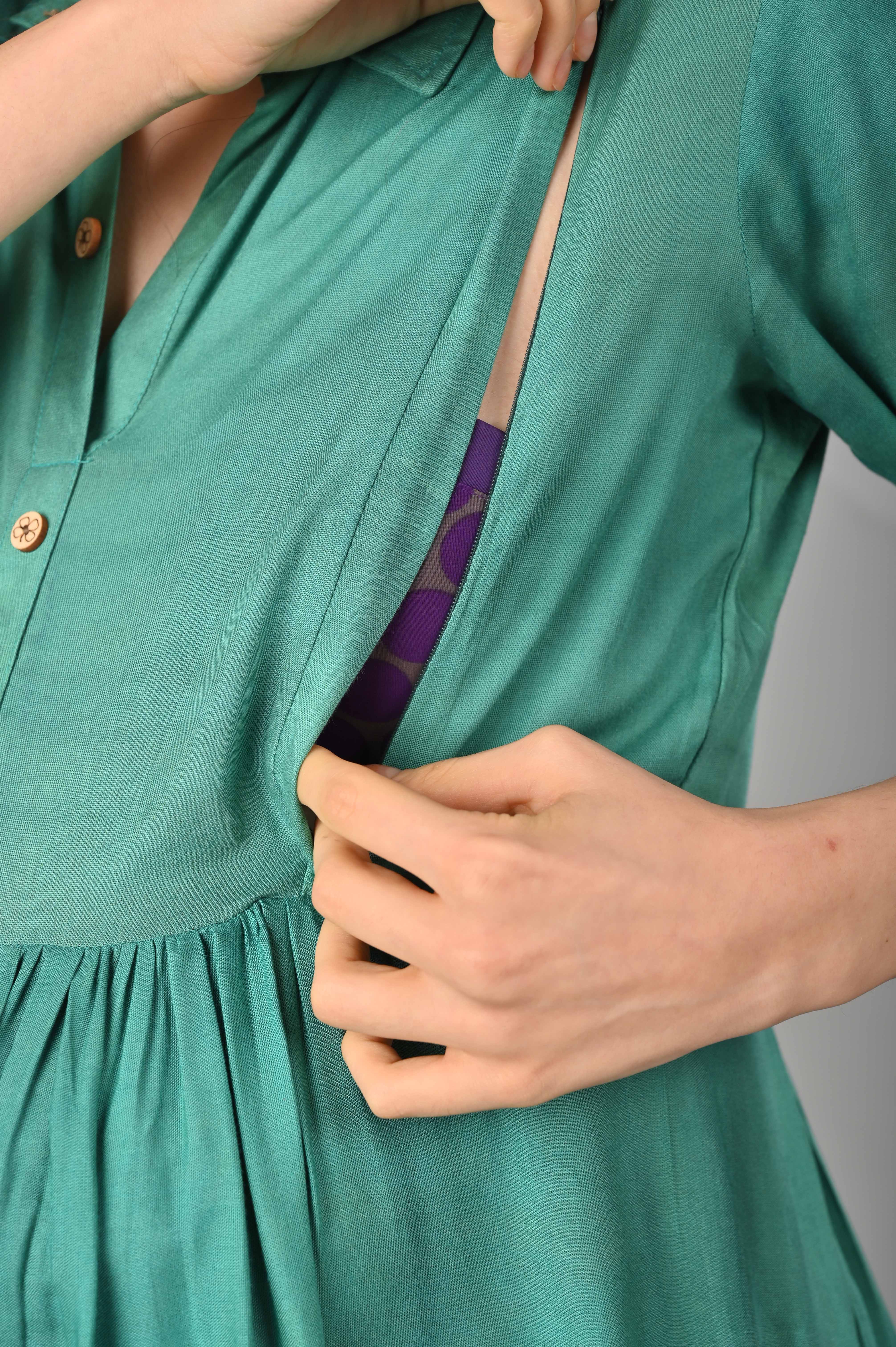 Turquoise Violet Cotton Printed Maternity/Feeding Gown