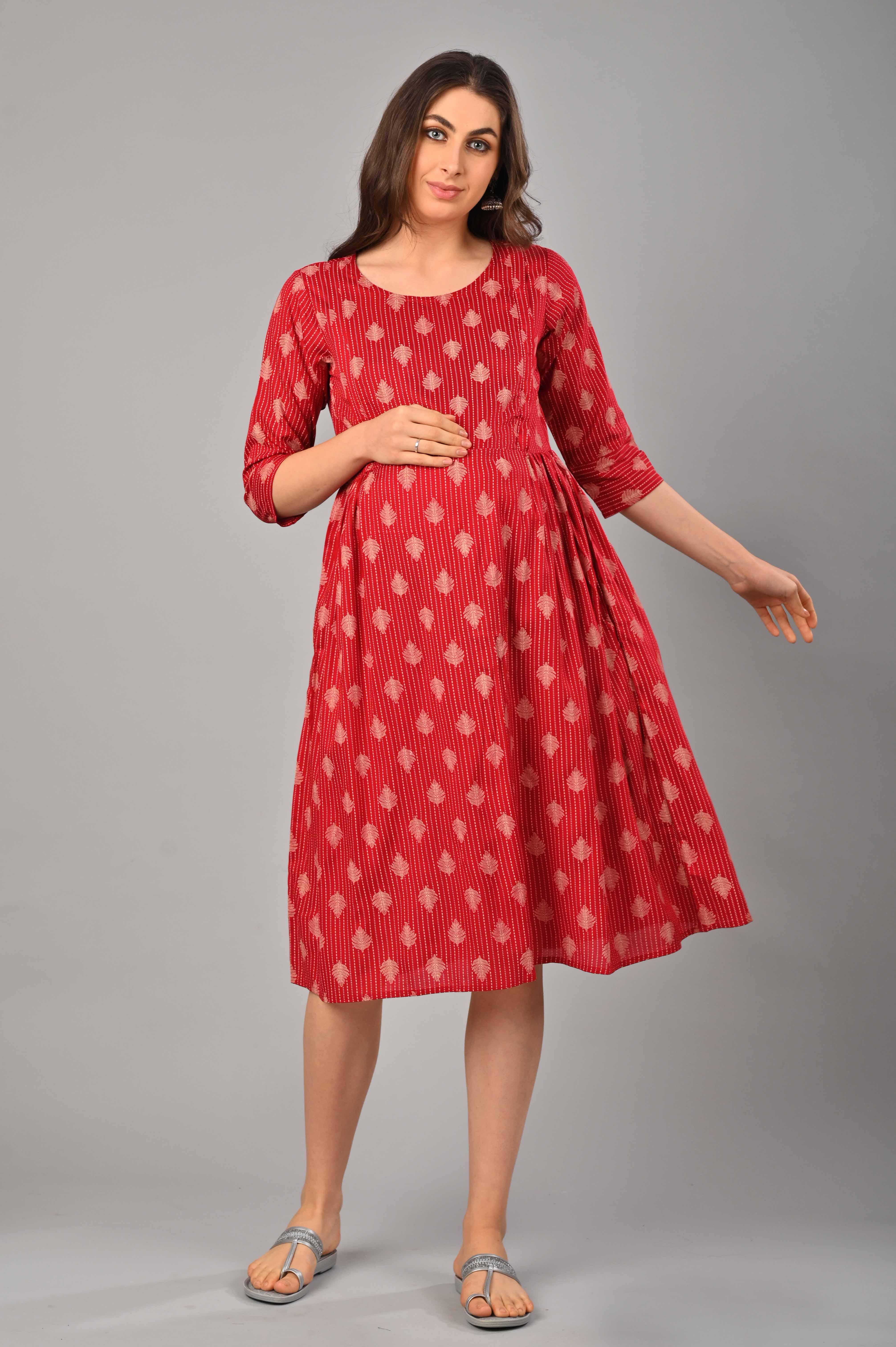 Red Cotton Printed Maternity/Feeding Gown