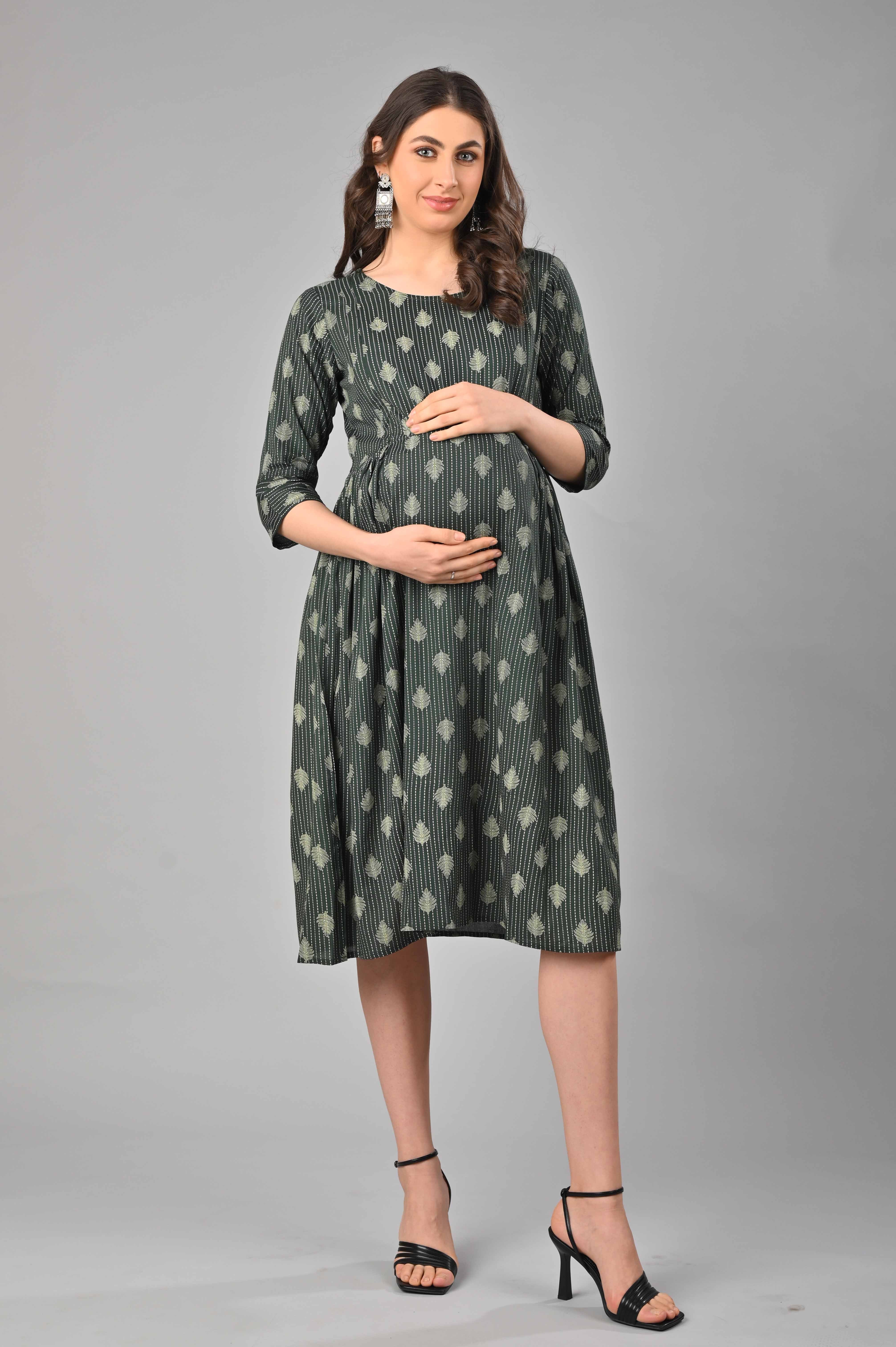 Green Cotton Printed Maternity/Feeding Gown