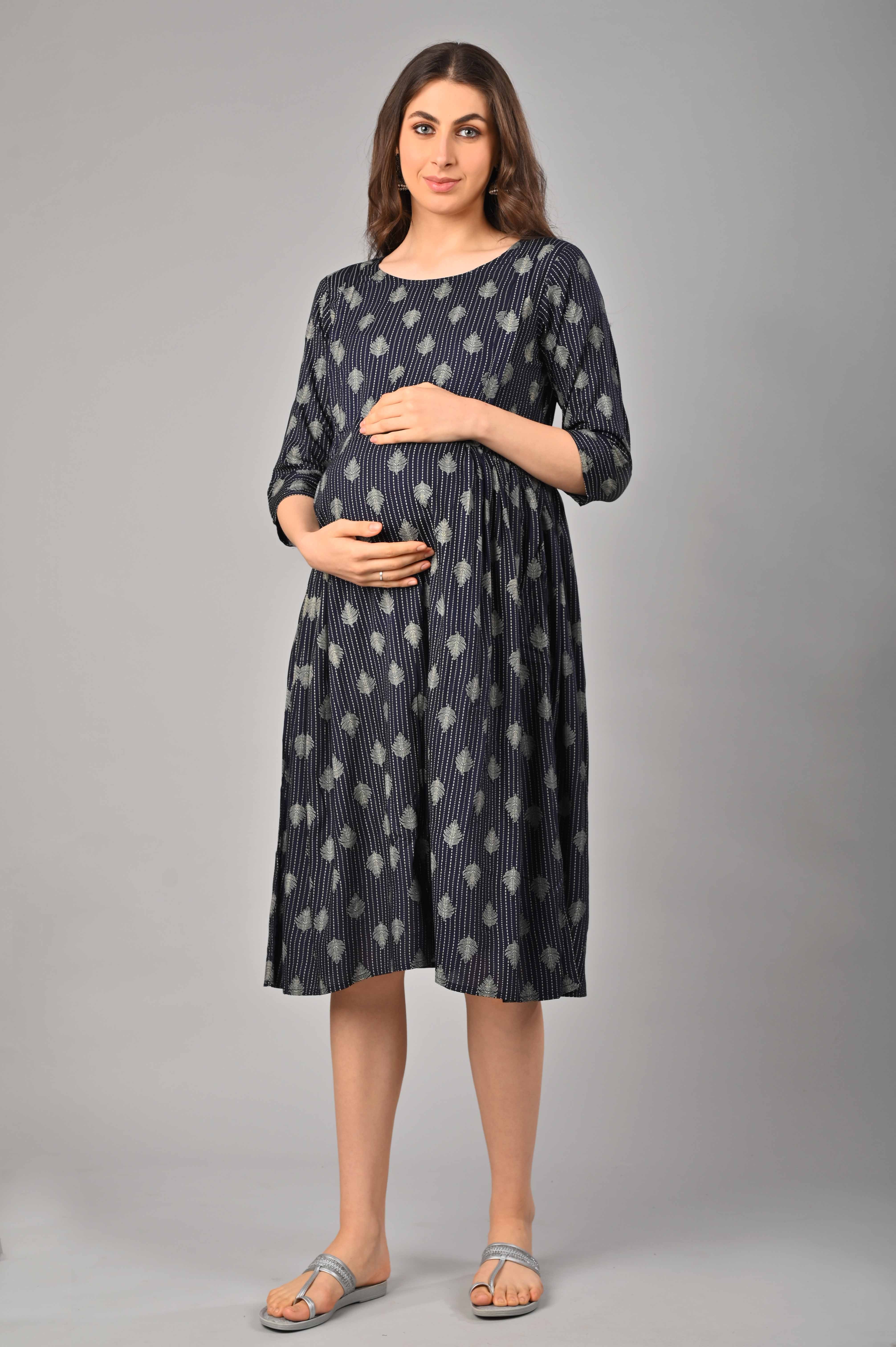 Black Cotton Printed Maternity/Feeding Gown