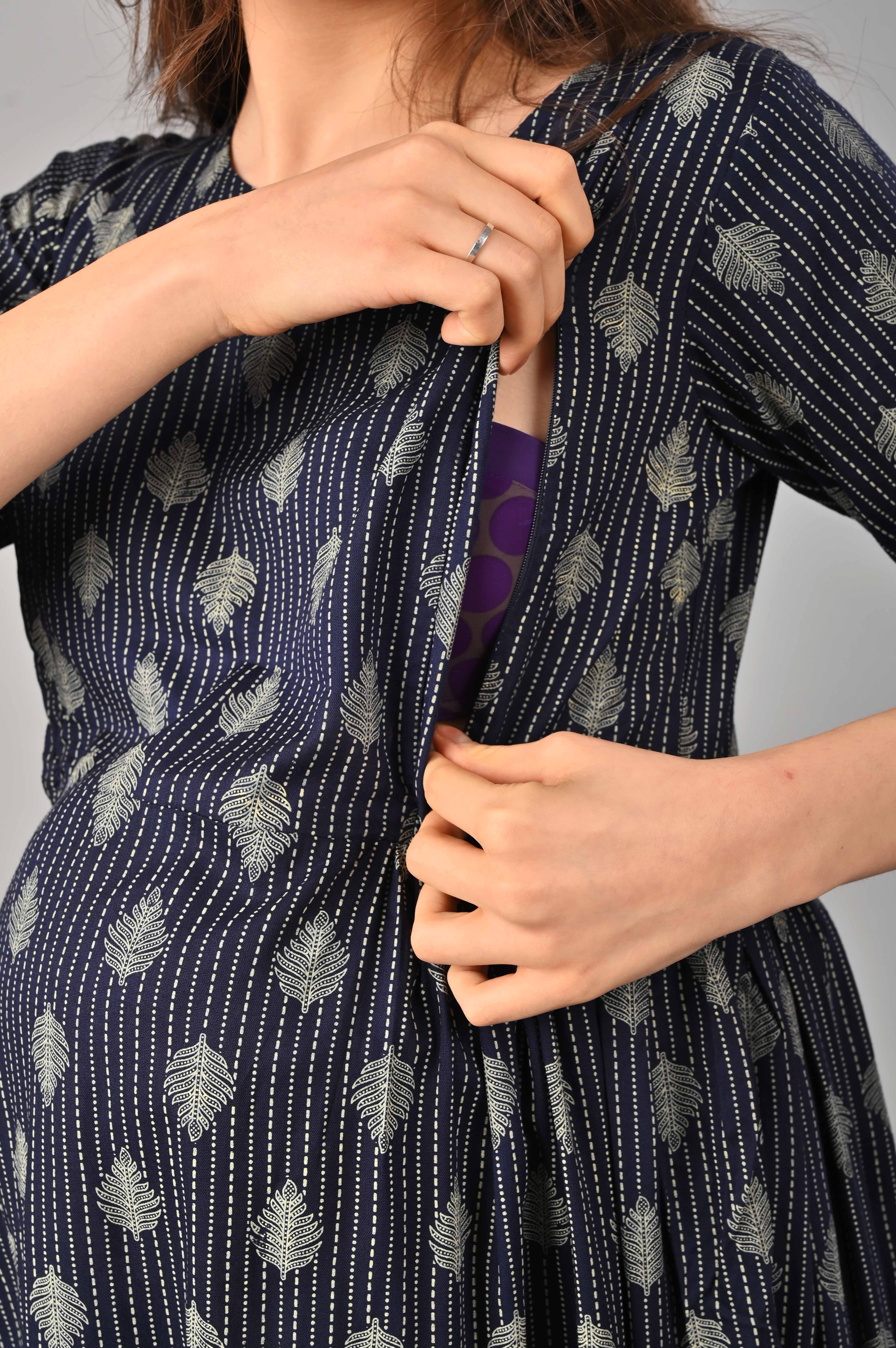 Black Cotton Printed Maternity/Feeding Gown