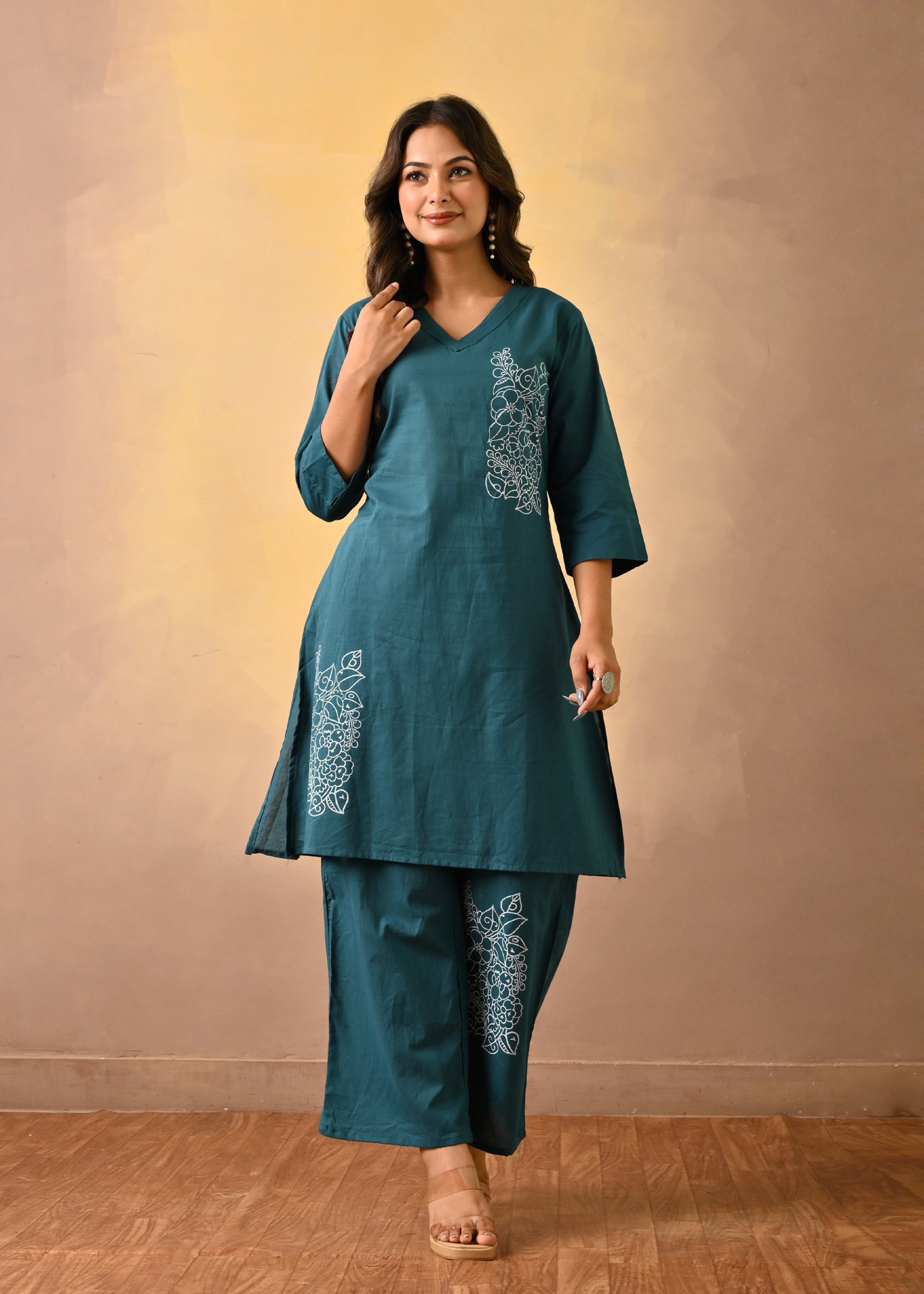 Olive Cotton Co-Ord Set With Embroidery