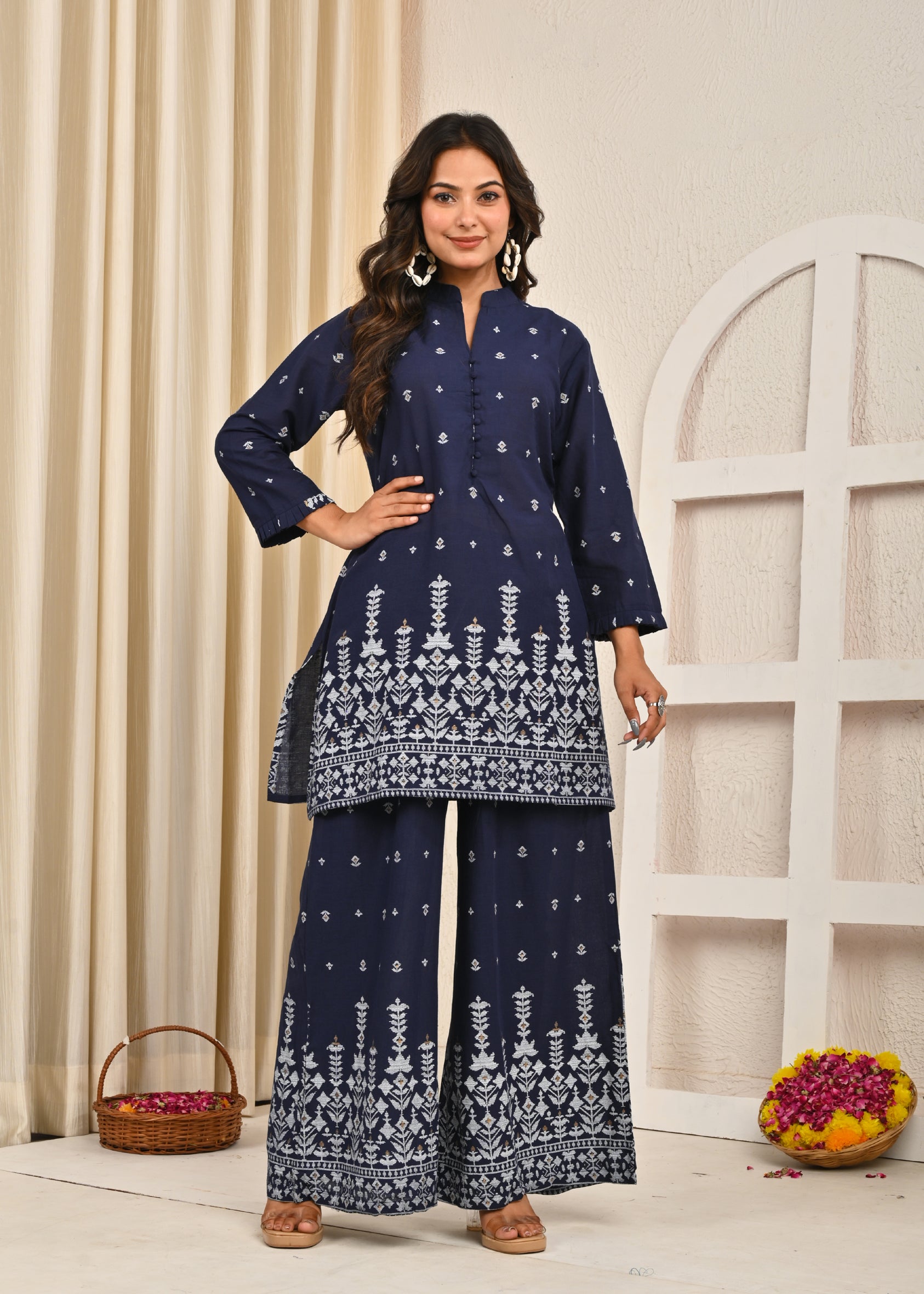 Navy Cotton Co-Ord Set With Embroidery