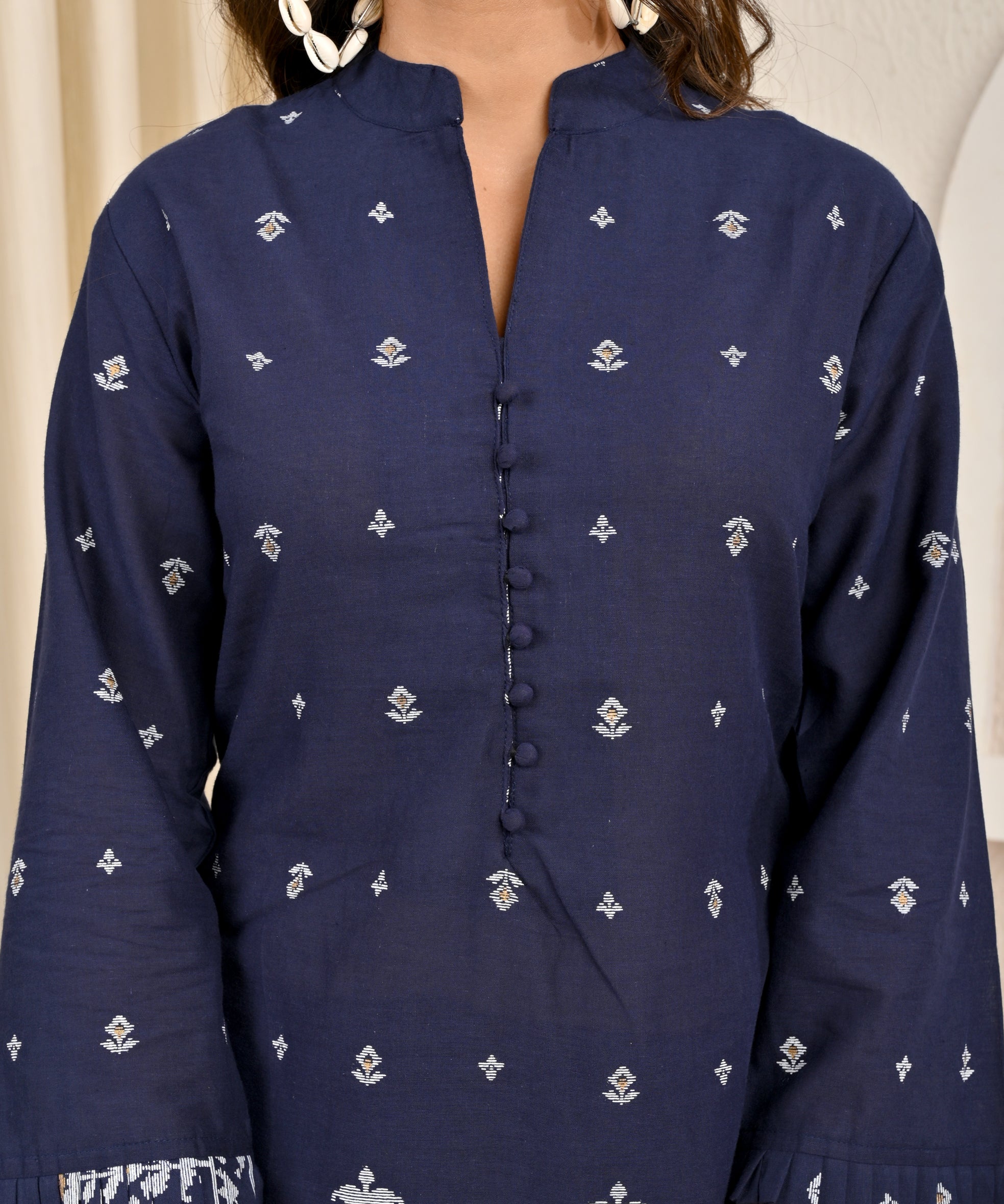 Navy Cotton Co-Ord Set With Embroidery