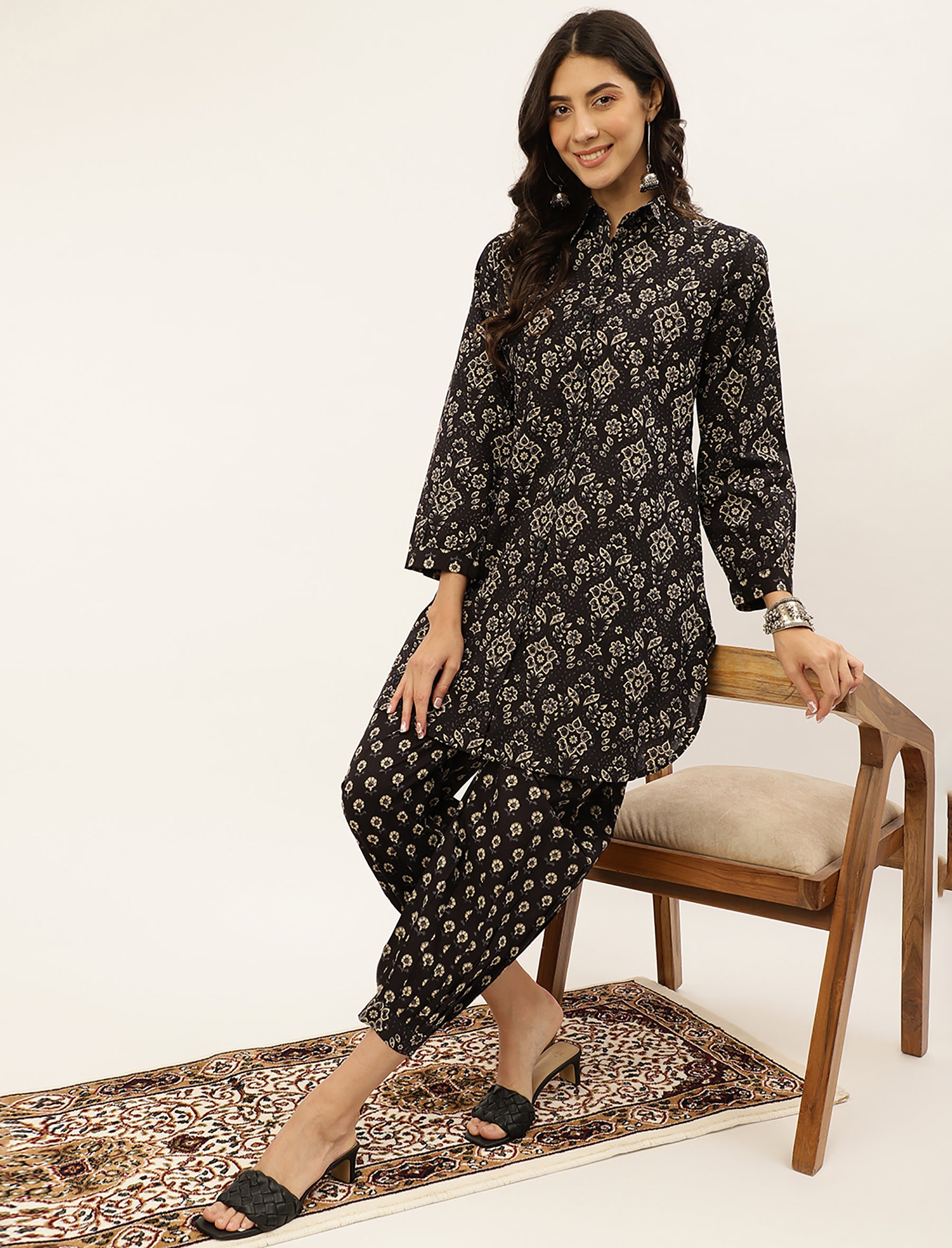 Black Cotton Printed Co-Ord Set For Women