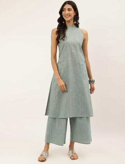 Sea Blue Solid Stylish Cotton Co-Ord Set