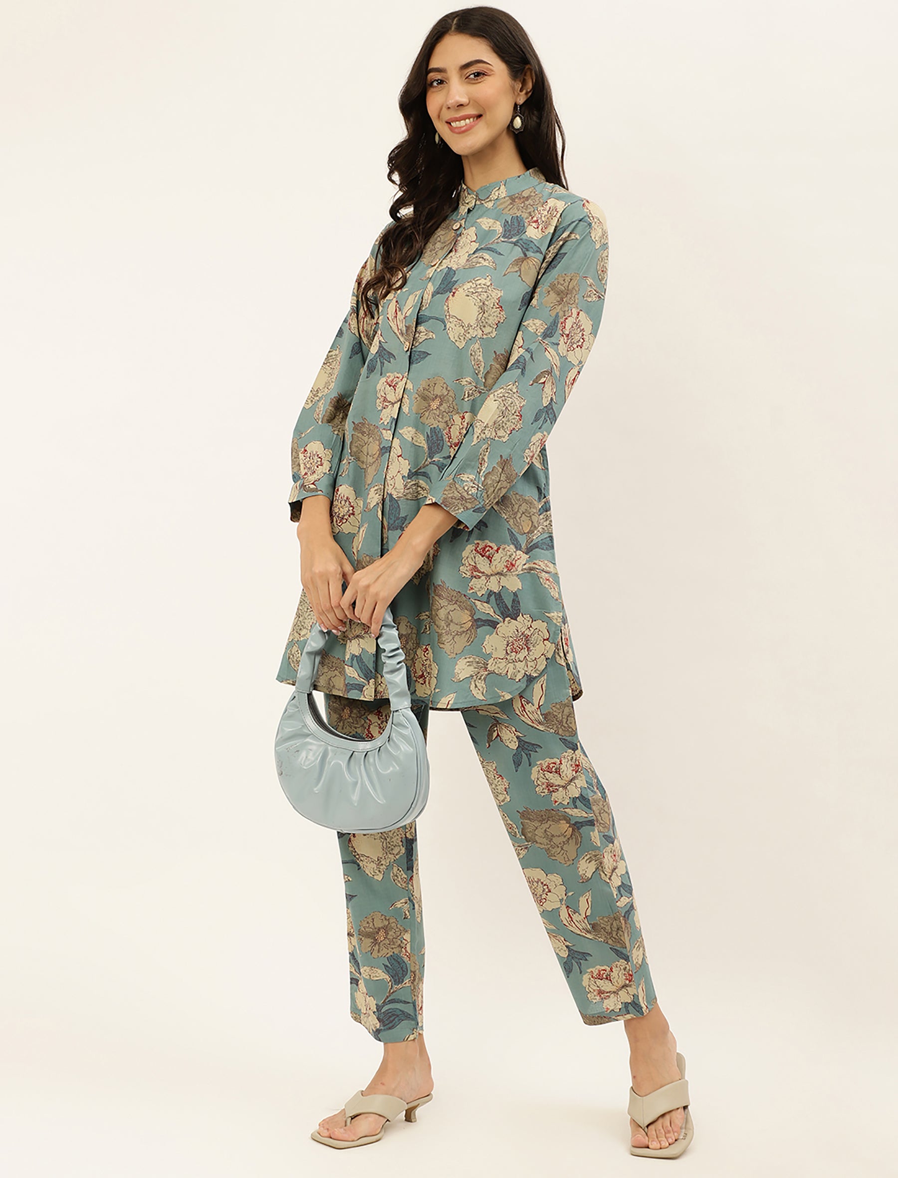 Sea Green Flower Printed Cotton Leisure Wear Set