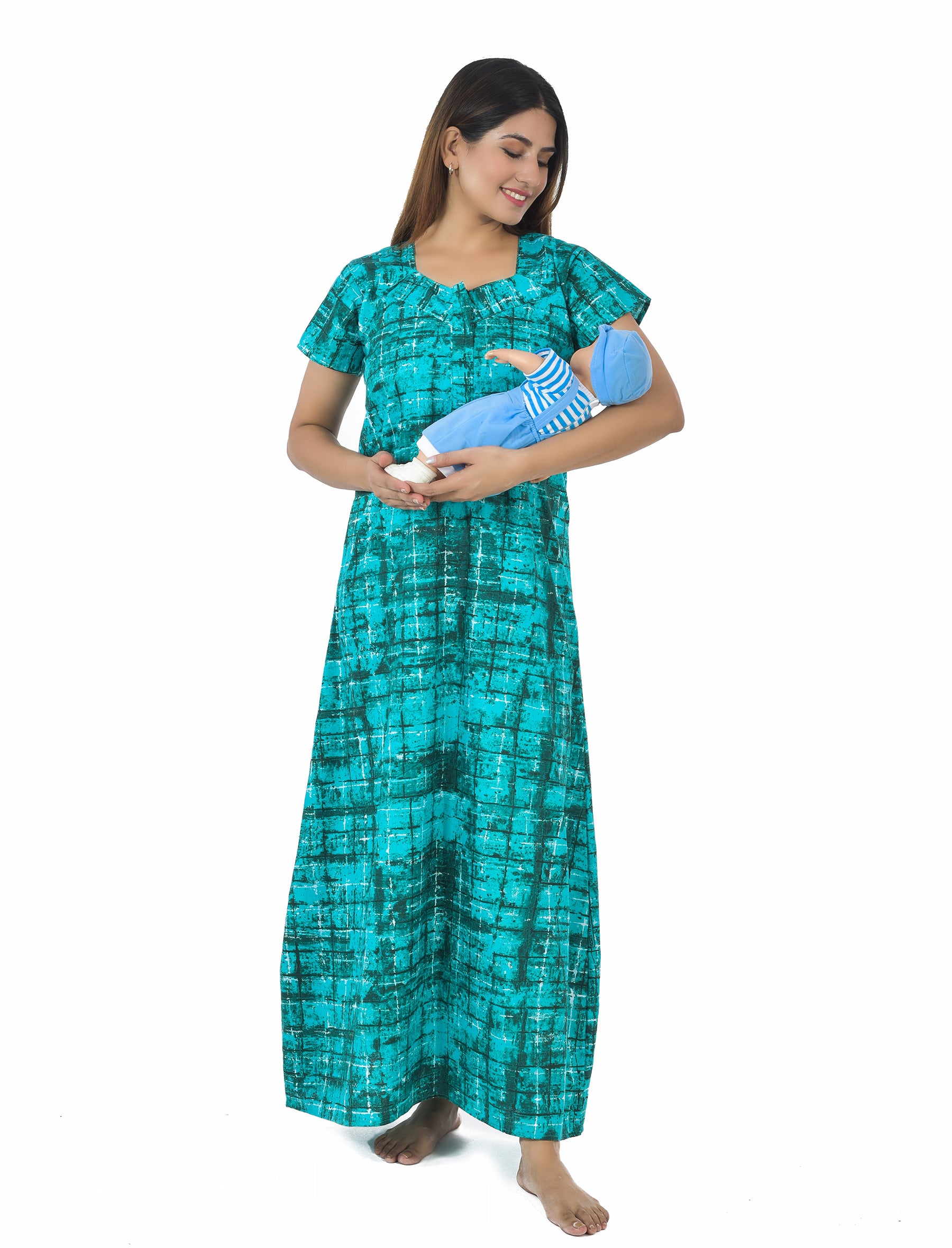 Sea Green Printed Cotton Feeding Maxi With Zip