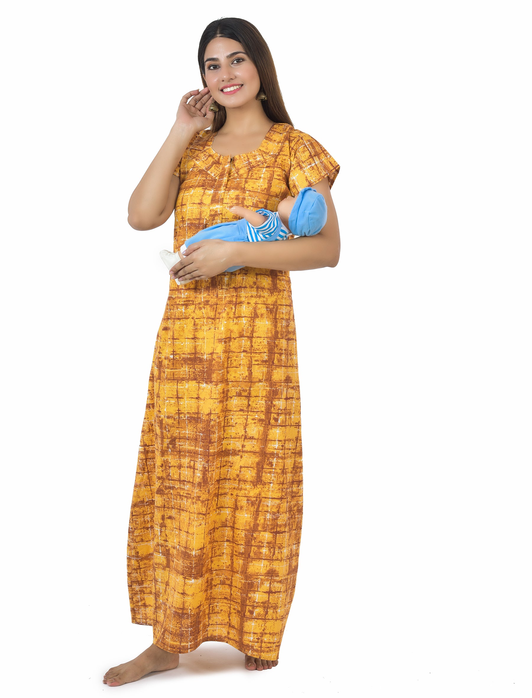 Yellow Printed Cotton Feeding Maxi With Zip