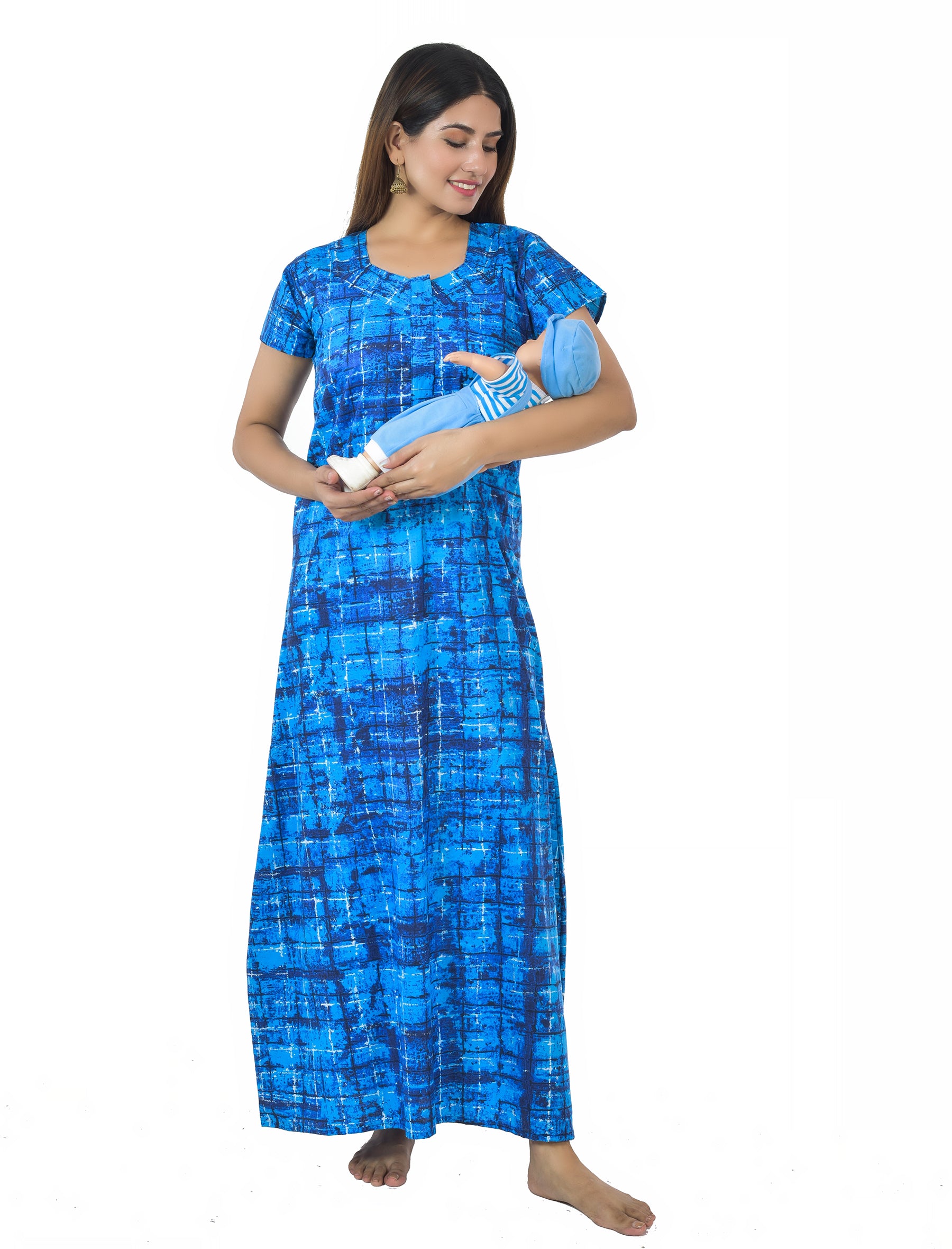 Blue Printed Cotton Feeding Maxi With Zip