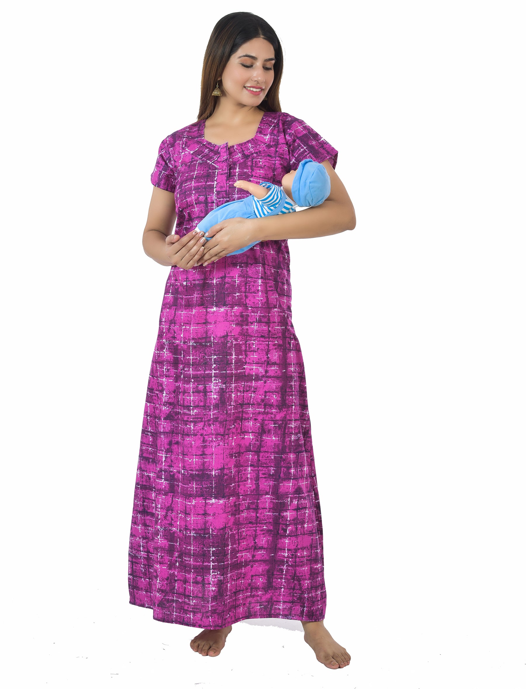 Pink Printed Cotton Feeding Maxi With Zip