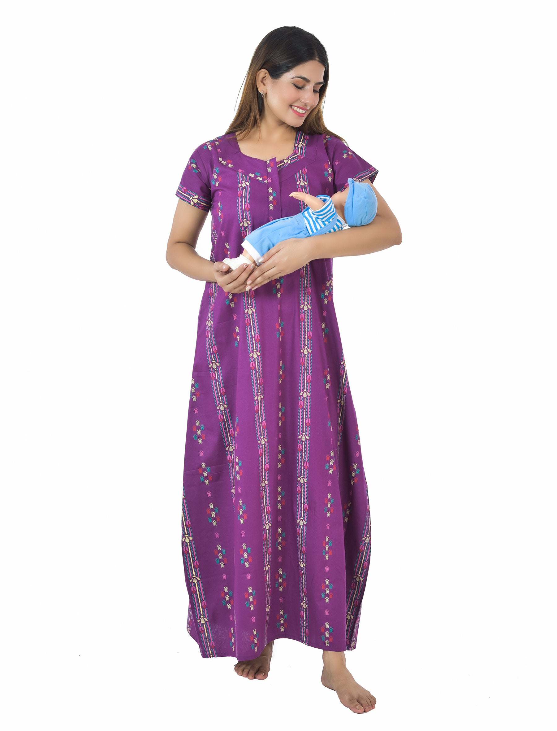 Purple Printed Cotton Feeding Maxi With Zip