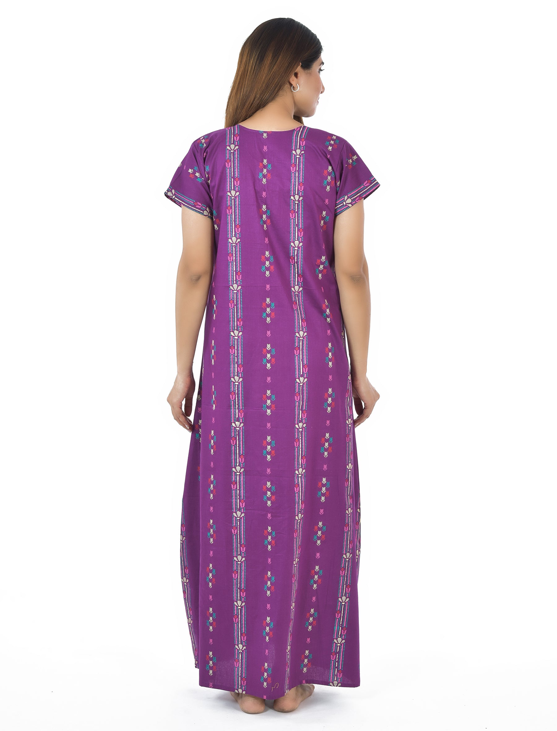 Purple Printed Cotton Feeding Maxi With Zip