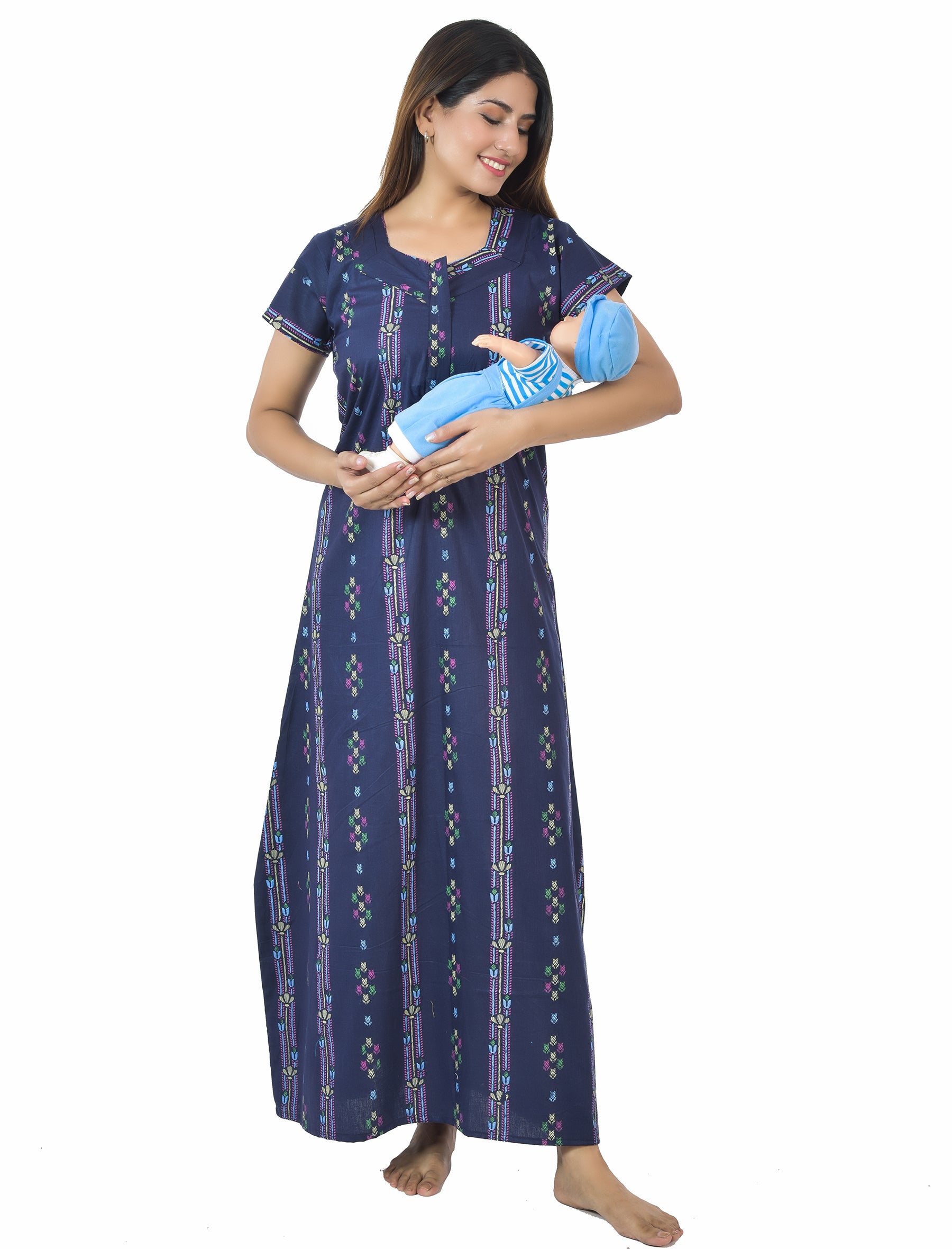 Navy Printed Cotton Feeding Maxi With Zip