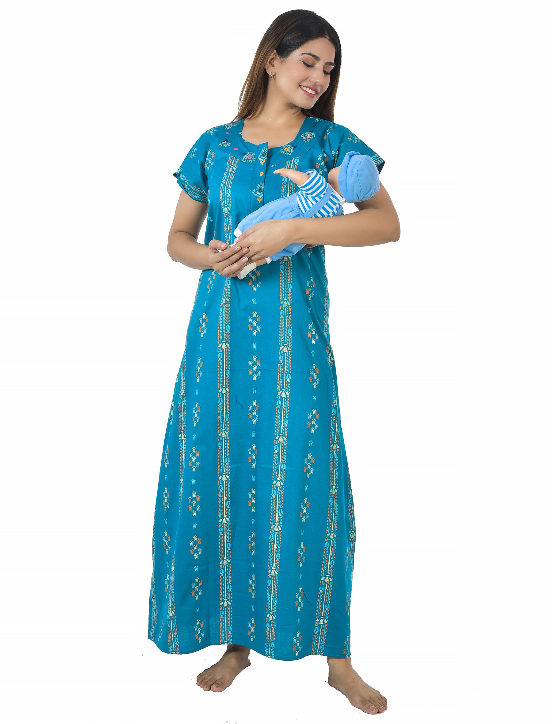 Sea Blue Printed Cotton Feeding Maxi With Zip