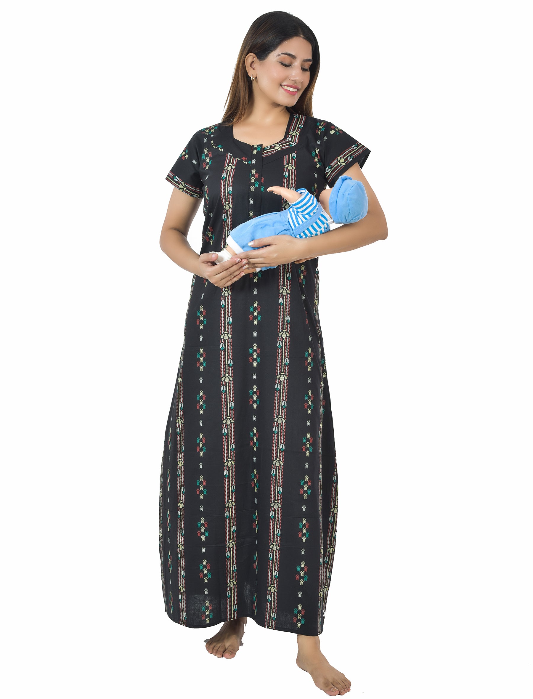 Black Printed Cotton Feeding Maxi With Zip