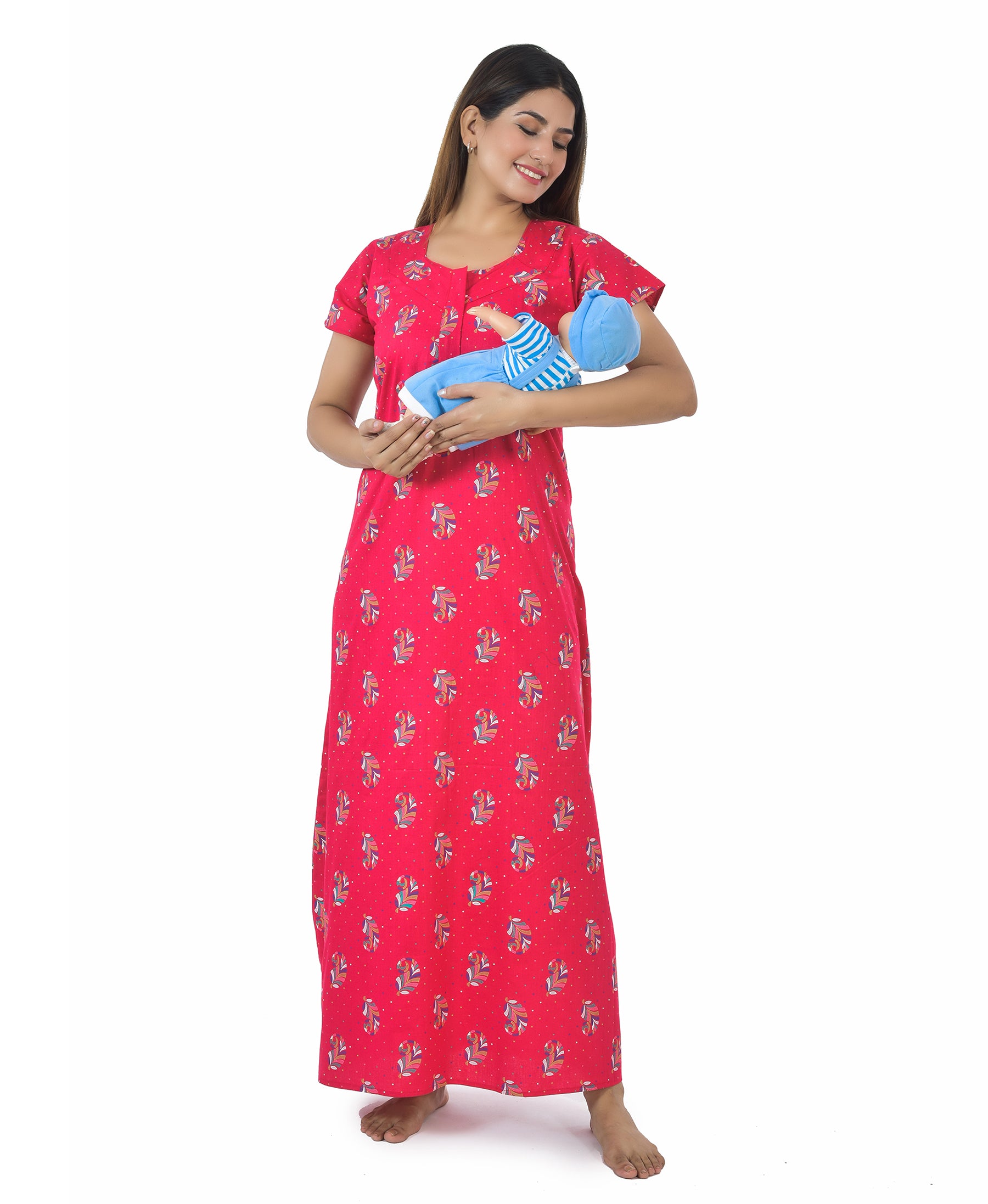 Red Keri Printed Cotton Feeding Maxi With Zip