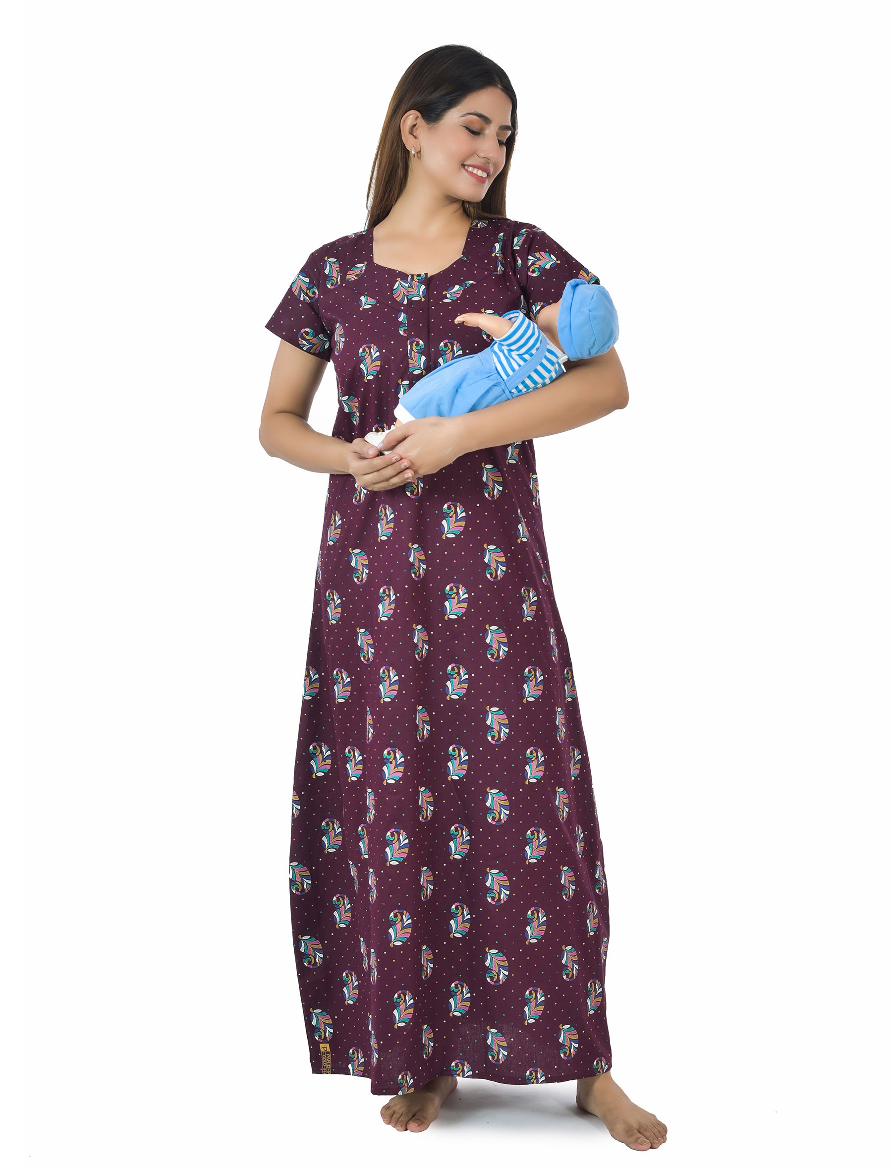 Wine Keri Printed Cotton Feeding Maxi With Zip