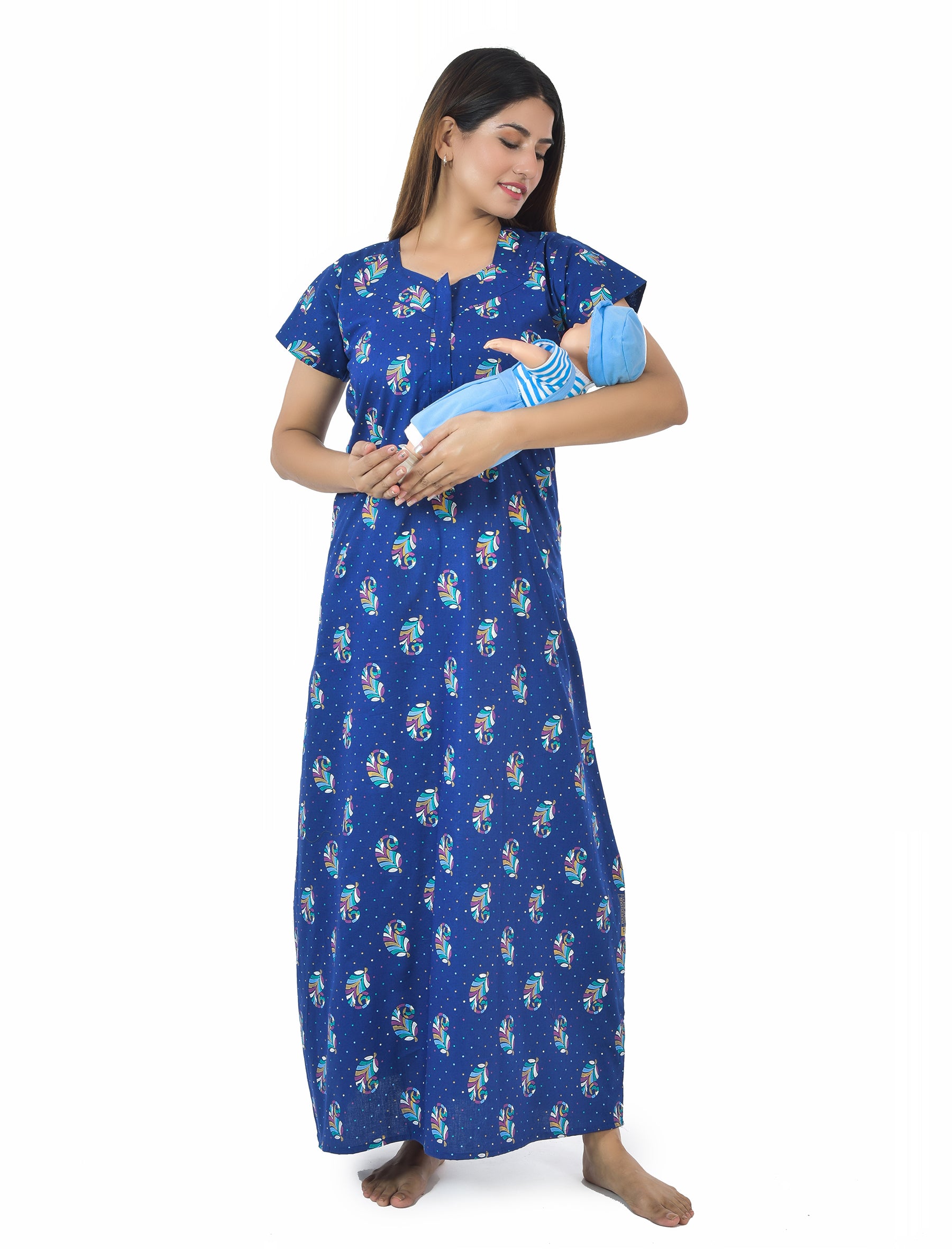 Blue Keri Printed Cotton Feeding Maxi With Zip