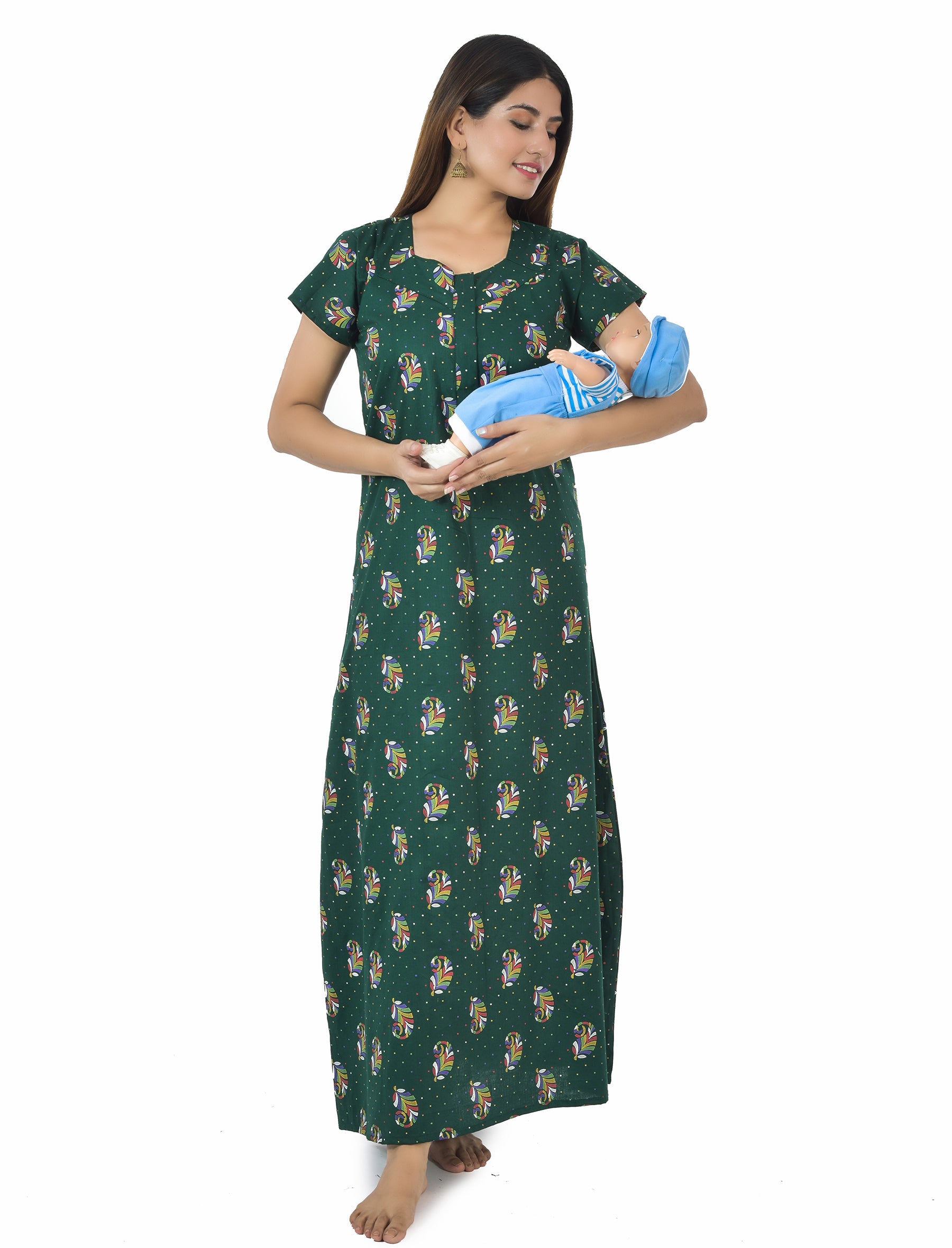 Green Keri Printed Cotton Feeding Maxi With Zip