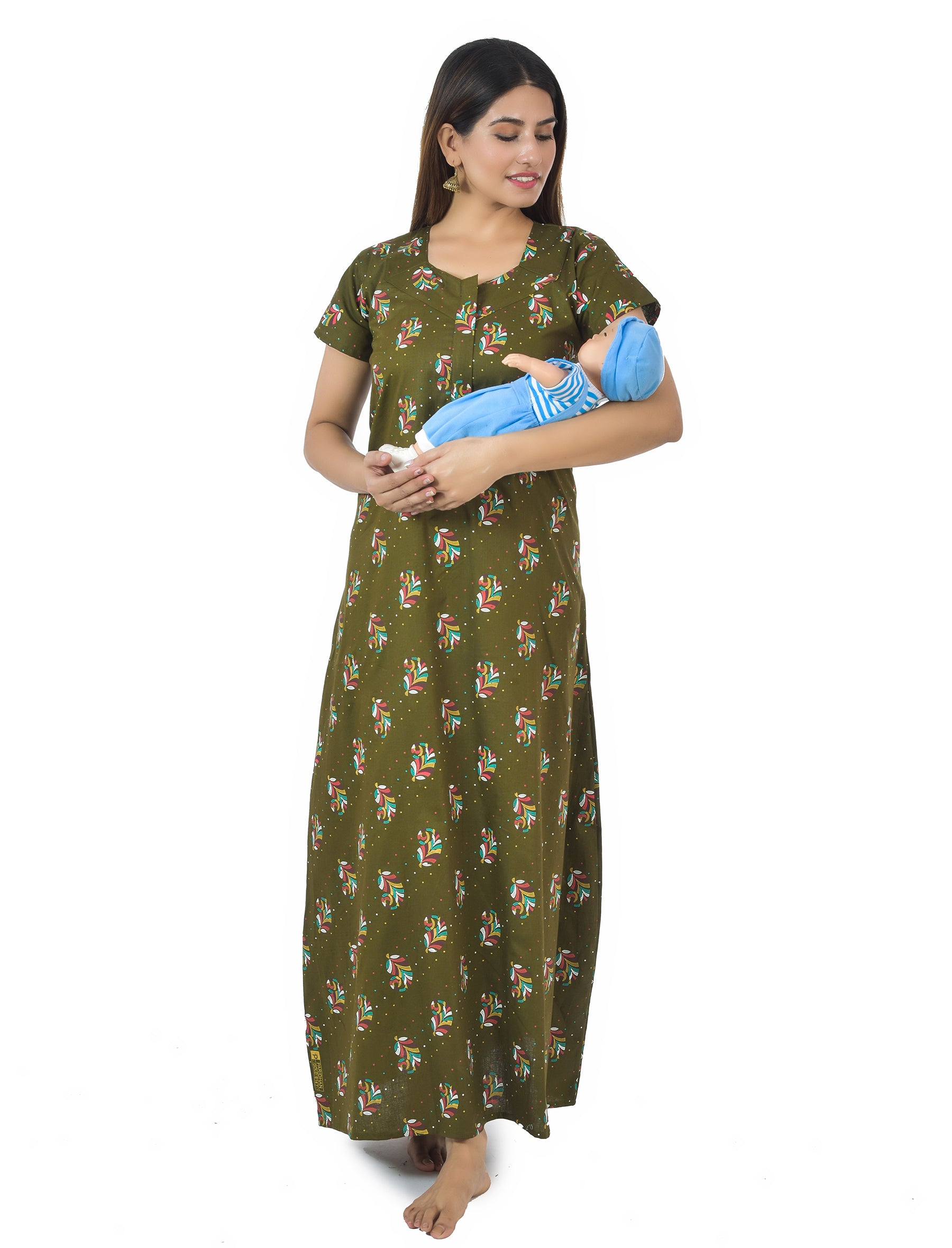 Green Keri Printed Cotton Feeding Maxi With Zip